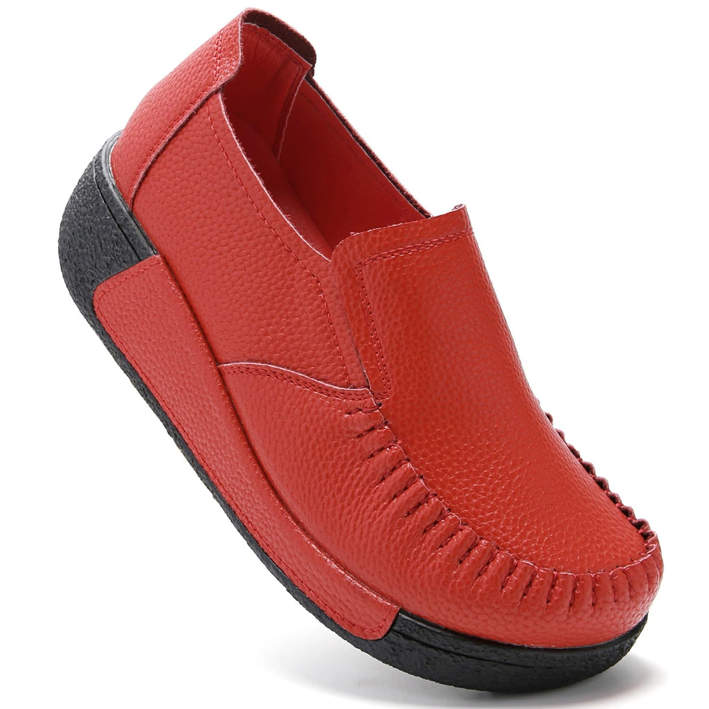 UZB Women's Slip On Loafer Leather Comfort Casual Platform Shoes
