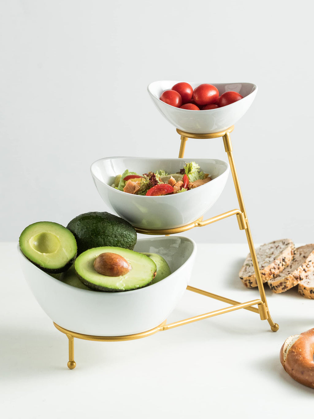 Miamolo 3 Tier Serving Bowls with Stand for Entertaining Party | Ceramic, Chip and Dip Set | Food Display for Fruit Salad Snacks | Space-saving Storage | Microwave & Dishwasher Safe