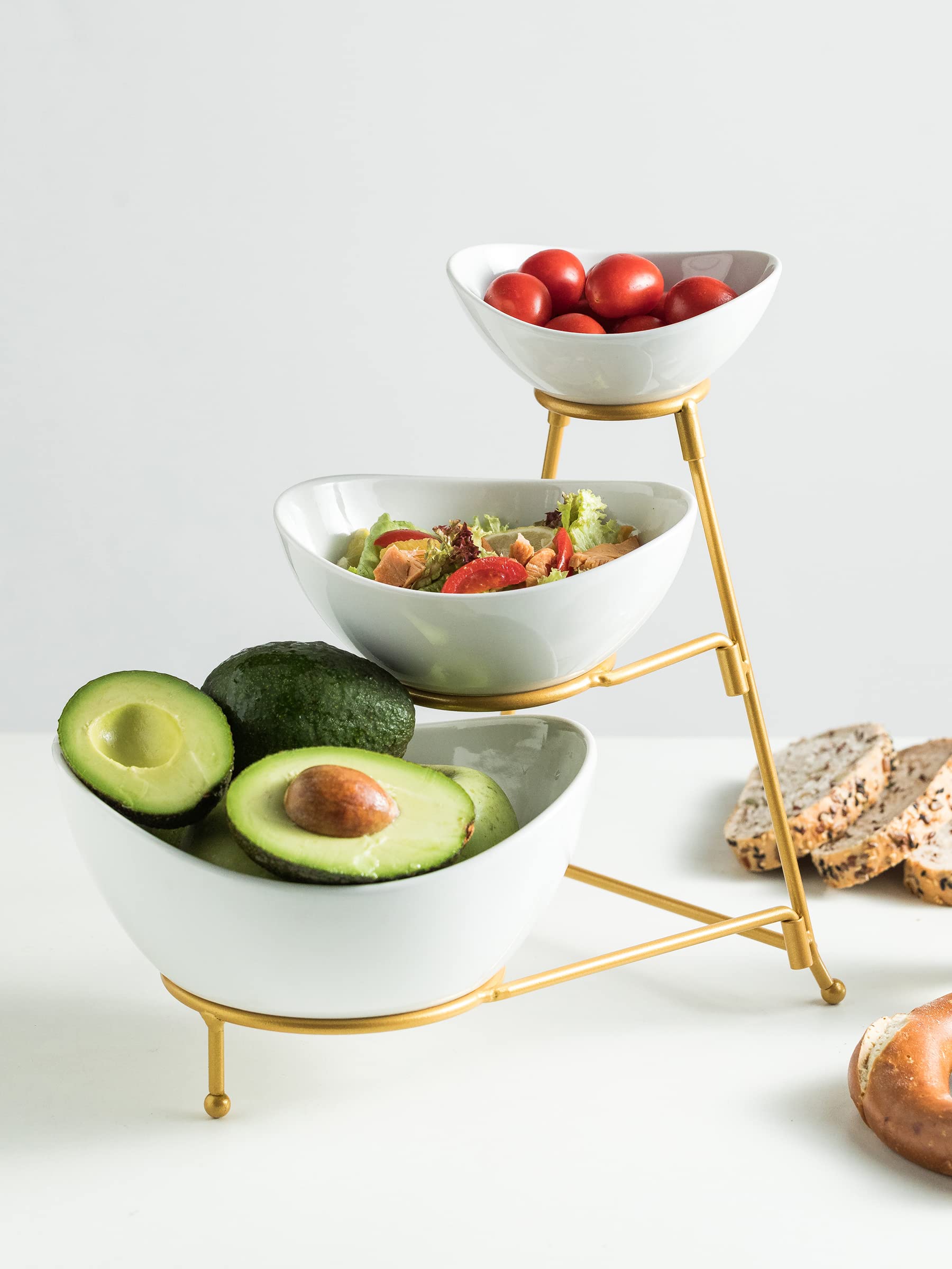Miamolo 3 Tier Serving Bowls with Stand for Entertaining Party | Ceramic, Chip and Dip Set | Food Display for Fruit Salad Snacks | Space-saving Storage | Microwave & Dishwasher Safe