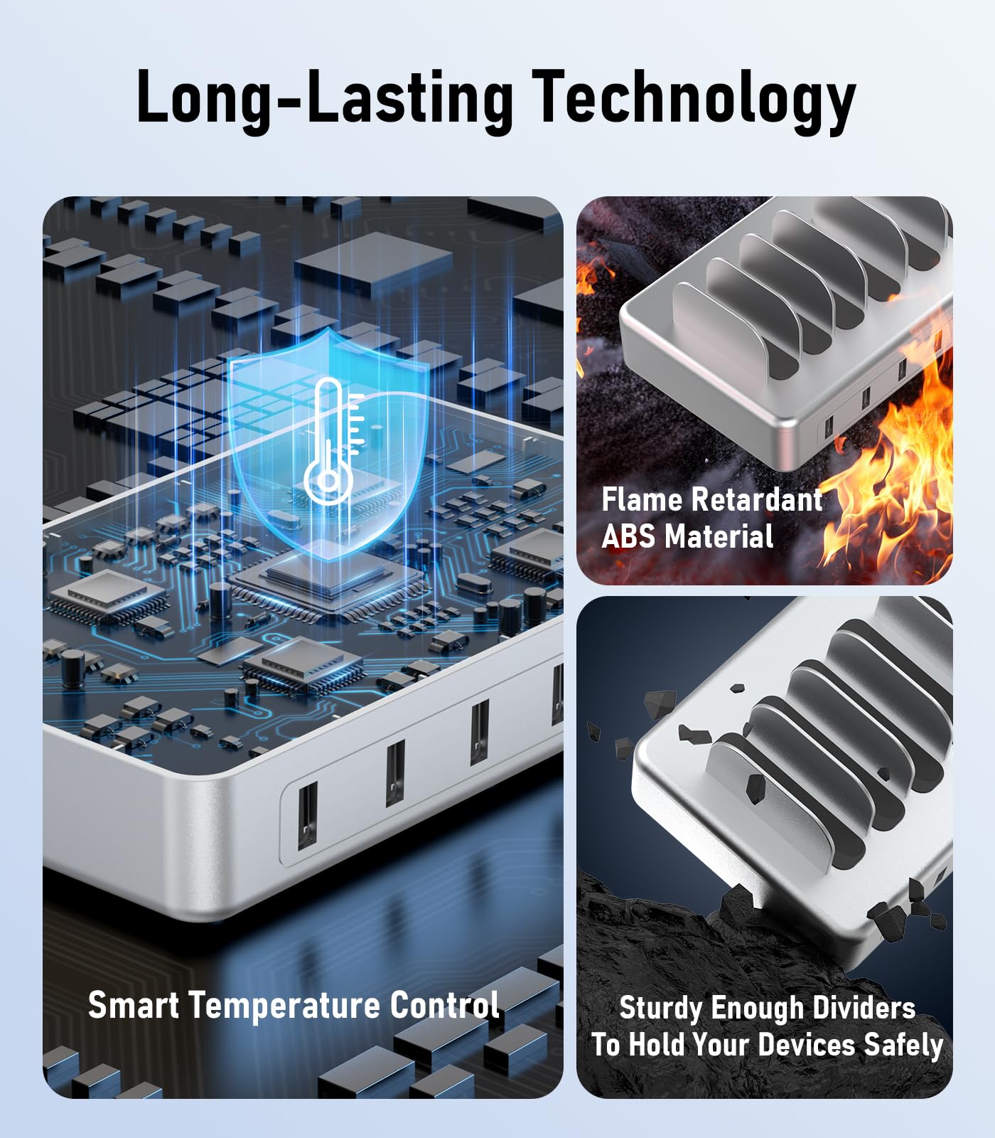 CREATIVE DESIGN 50W 6 Ports Multi Charger Station with 6 Charging Cables, USB Charging Dock for Multiple Devices, Compatible with Cellphone iPad Kindle Tablet and Other Electronic Devices