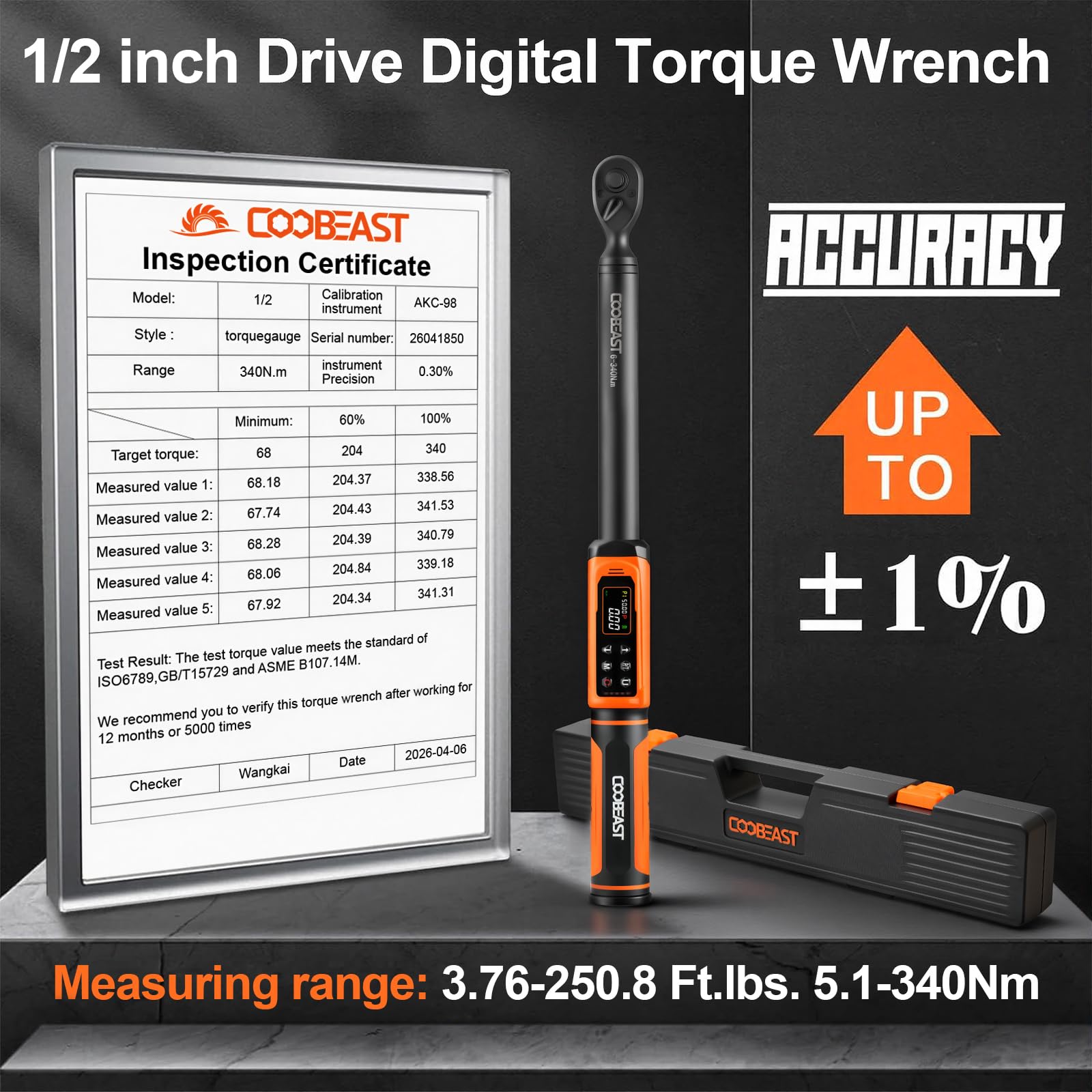 Digital Torque Wrench, 1/2 Drive Electronic Torque Screwdriver with Preset Value(3.76-250.8 Ft.lbs./5.1-340Nm), Buzzer and LED Flash Five Units of Measure Torque Wrench for Motorcycle, Auto Repair