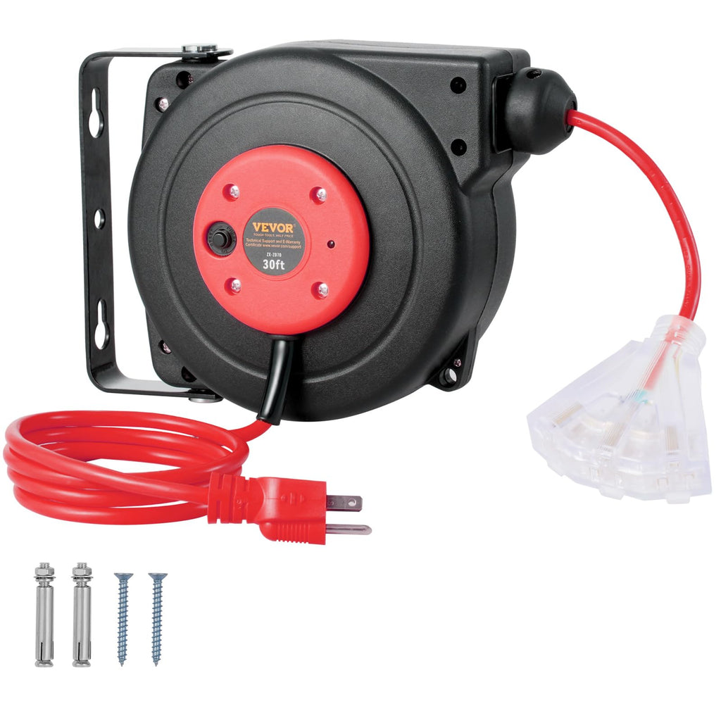 VEVOR Retractable Extension Cord Reel, 30 FT, Heavy Duty 16AWG/3C SJTOW Retractable Power Cord Reel with Lighted Triple Tap Outlet 10 Amp Circuit Breaker 4.5FT Lead-in Cord, for Ceiling or Wall Mount