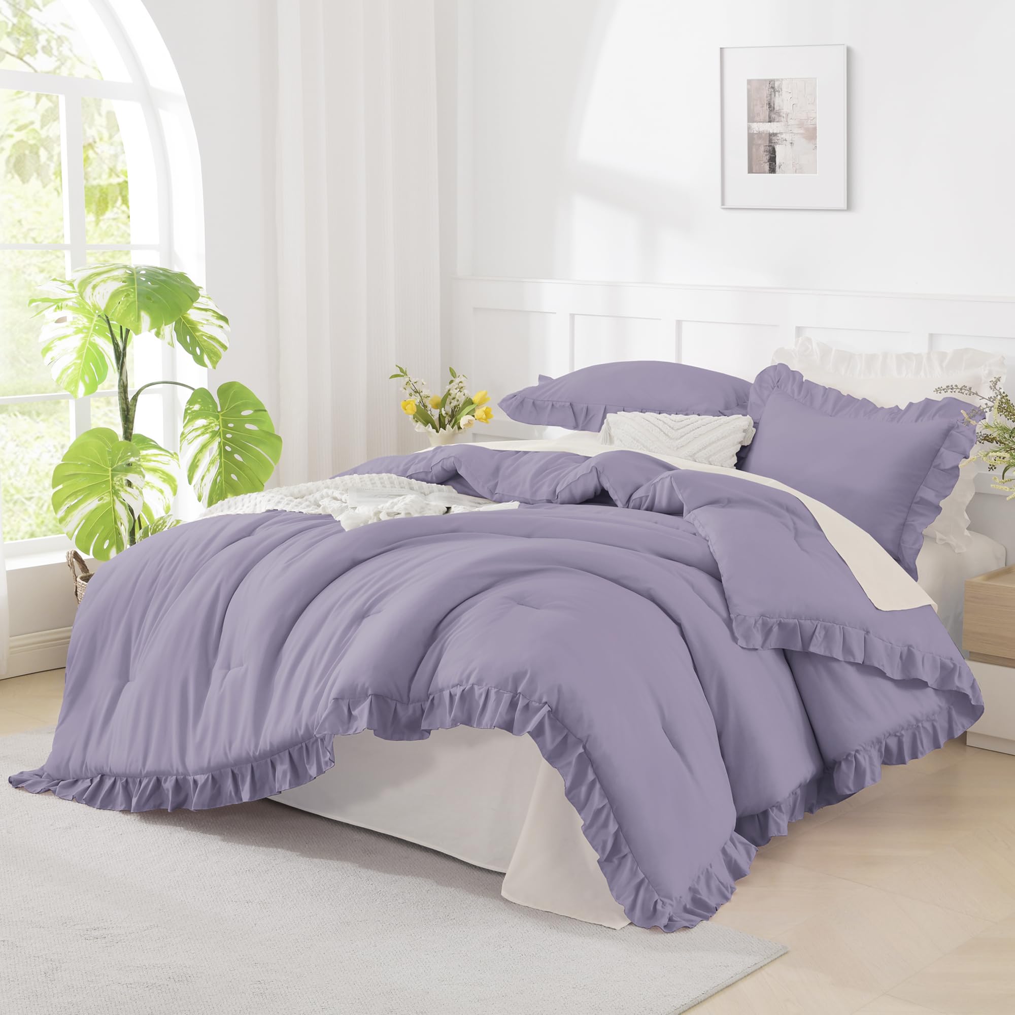 Andency Beige Twin Size Ruffle Comforter, 2 Pieces Farmhouse Shabby Classic Bed Set for Kids, Lighteweight Soft Polyester Bedding Set for Girls(1 Ruffle Comforter and 1 Pillowcase)