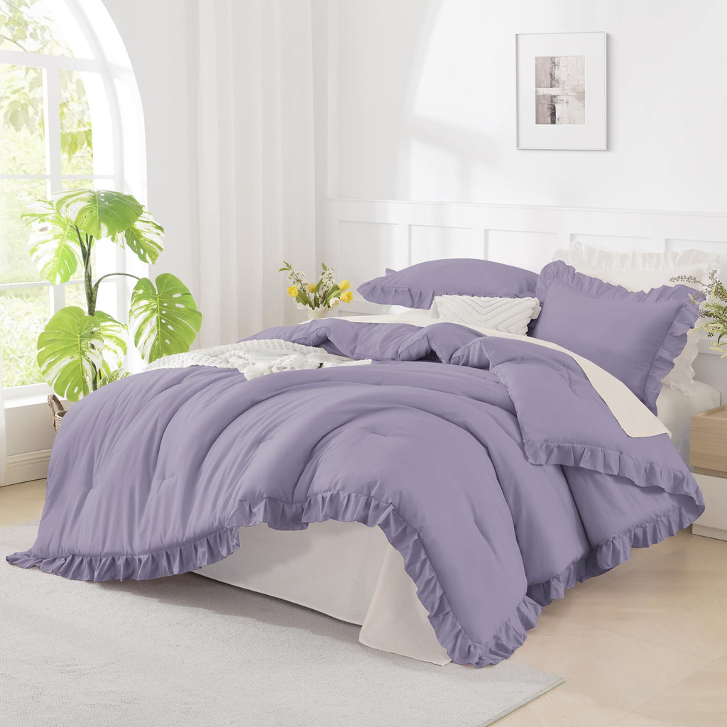 Andency Beige Twin Size Ruffle Comforter, 2 Pieces Farmhouse Shabby Classic Bed Set for Kids, Lighteweight Soft Polyester Bedding Set for Girls(1 Ruffle Comforter and 1 Pillowcase)