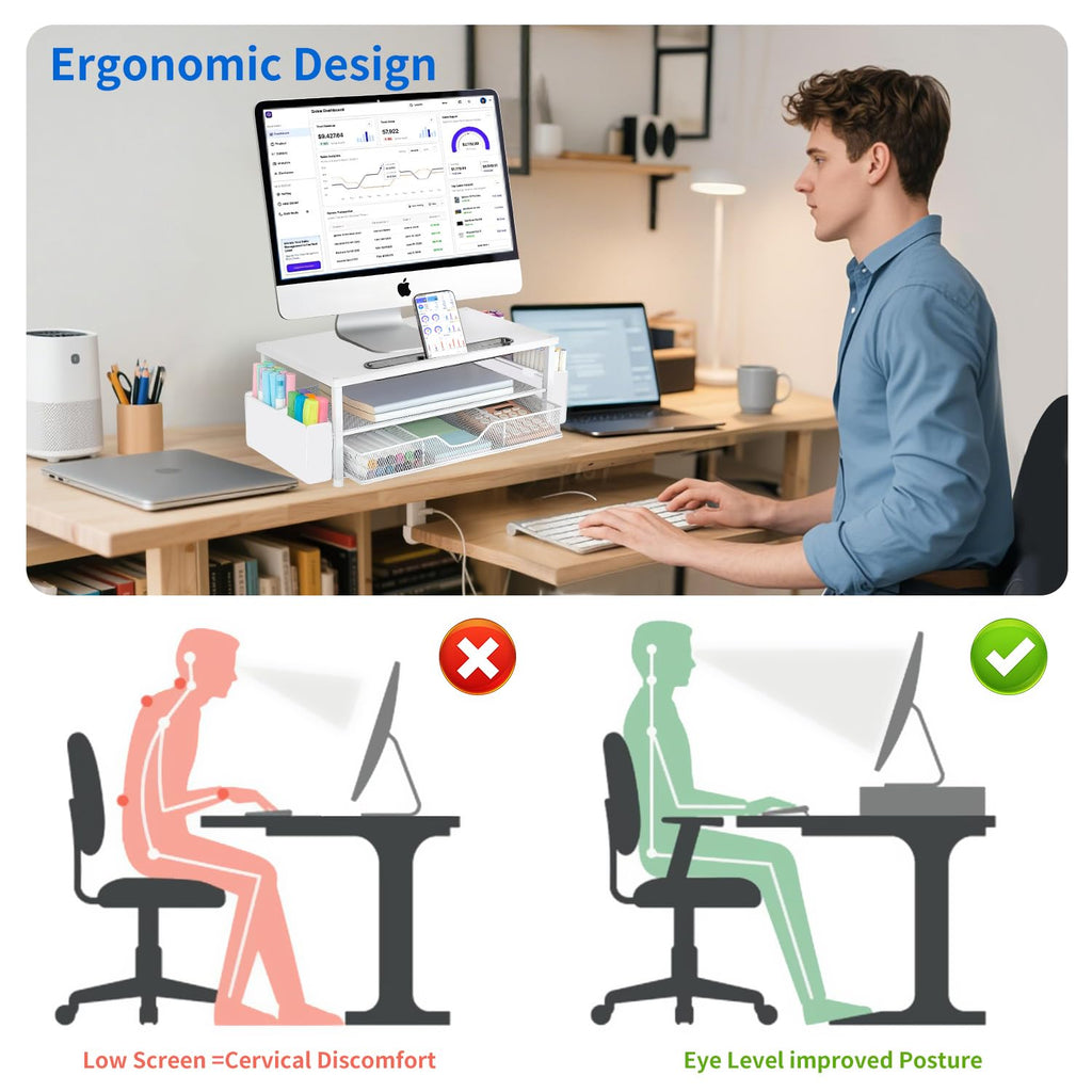 AUPSEN 2 Tier Computer Monitor Stands with Drawer and 2 Pencil Holder, Metal Monitor Stand Monitor riser, Computer Desk Organizer and Accessories for Laptop, Computer, Printer, Office Supplies(Black)