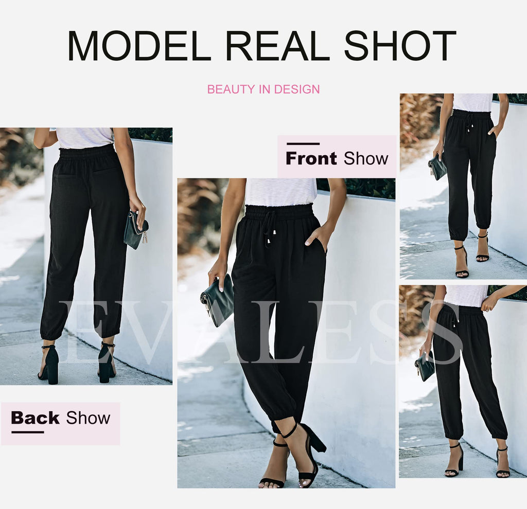 EVALESS Womens 2026 Summer Casual Pants Drawstring Elastic High Waisted Work Trousers Joggers Trendy Harem Pants with Pockets