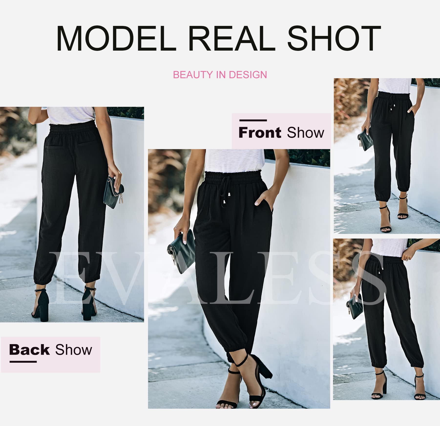 EVALESS Womens 2026 Summer Casual Pants Drawstring Elastic High Waisted Work Trousers Joggers Trendy Harem Pants with Pockets