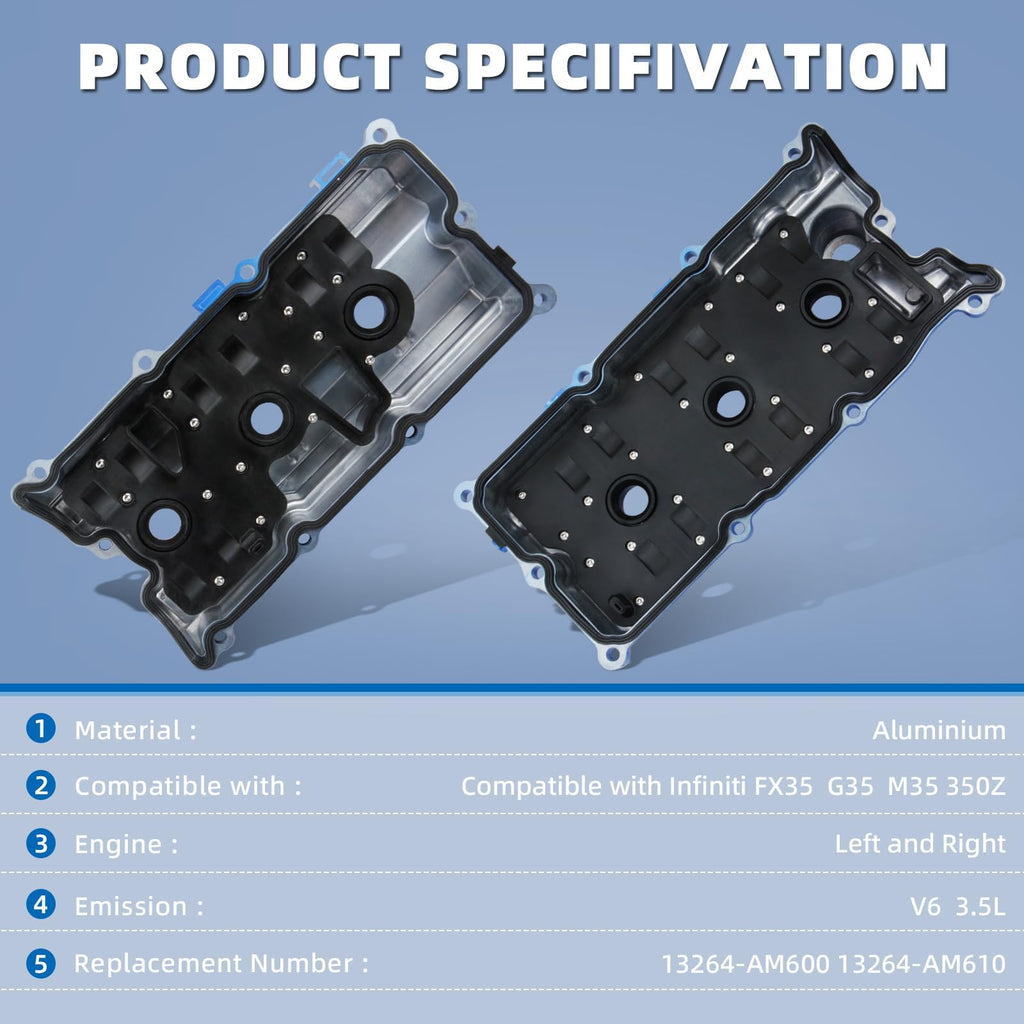 MITZONE Engine Valve Cover Set with Bolts & Oil Cap & Gaskets & Spark Plug Tube Seals & P CV Cover Compatible with 2003-2008 Nissan 350Z Infiniti FX35 G35 M35 VQ35DE 3.5L Part# 13264AM600 13264AM610