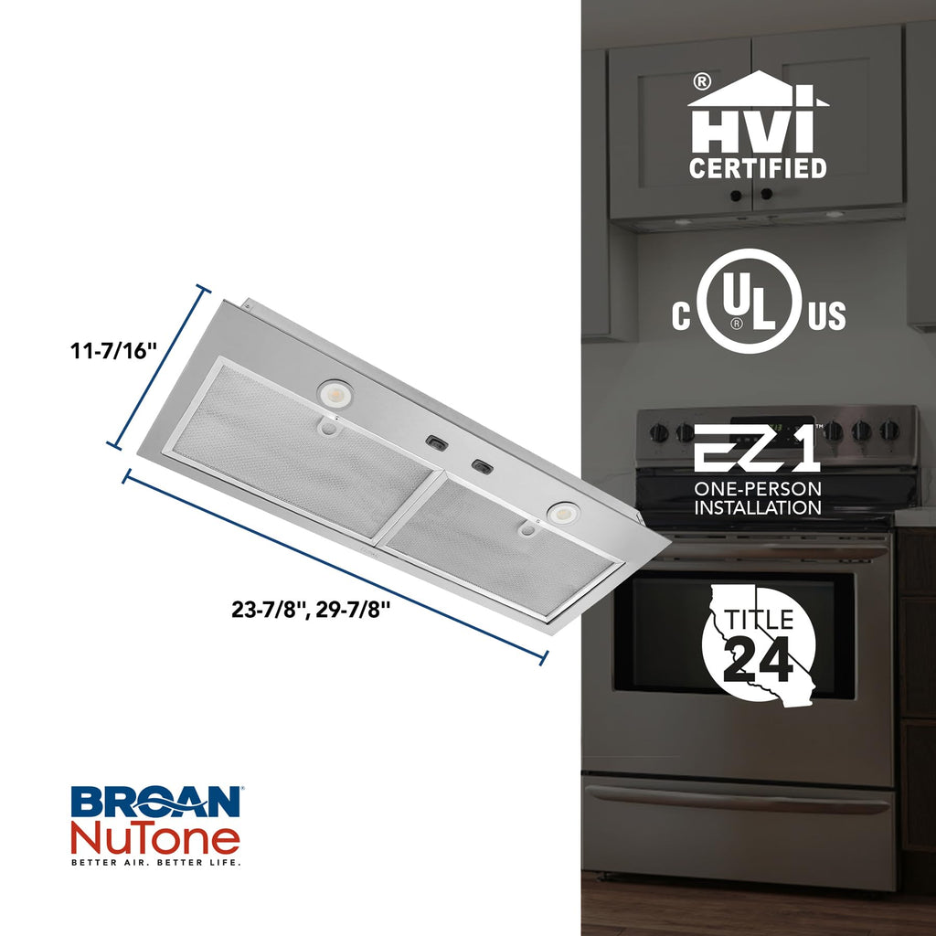 Broan Nu-Tone Broan-NuTone BBN1243SS Custom Built Insert with 2-Speed Exhaust Fan and Light, 300 Max Blower CFM, Stainless Steel, 24-Inch Range Hood Power Pack