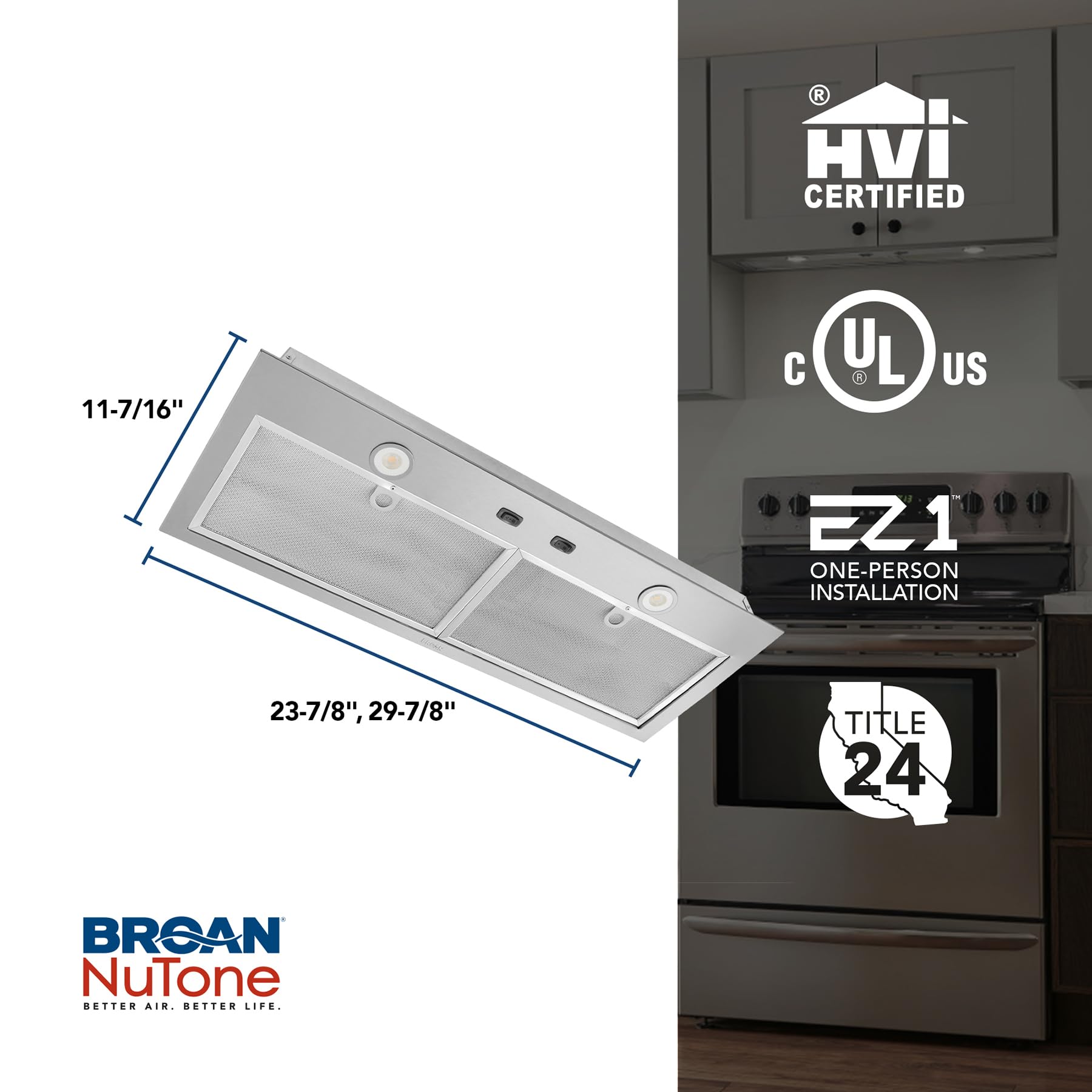 Broan Nu-Tone Broan-NuTone BBN1243SS Custom Built Insert with 2-Speed Exhaust Fan and Light, 300 Max Blower CFM, Stainless Steel, 24-Inch Range Hood Power Pack