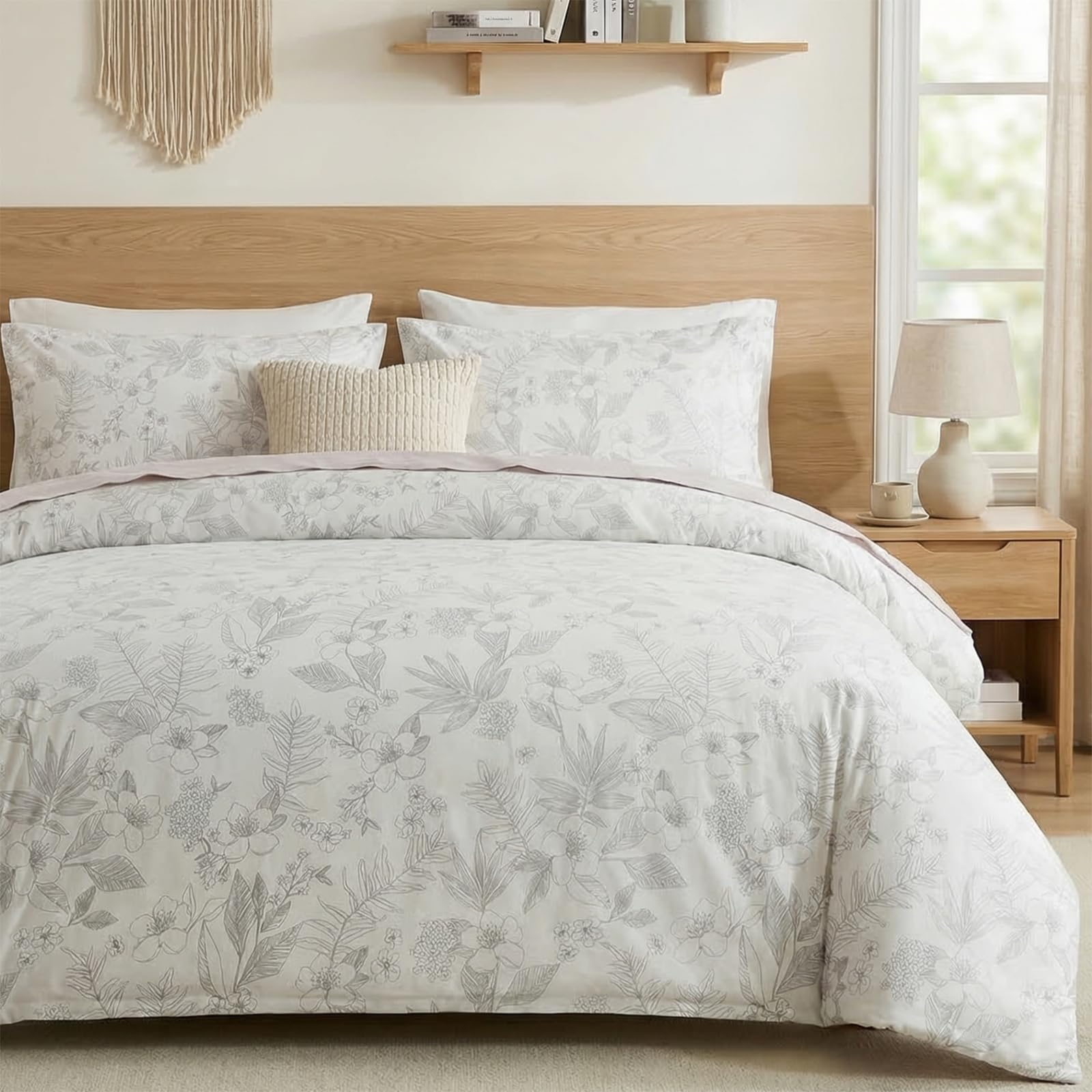 100% Natural Cotton Comforter Set Queen 3 Pcs Grayish Blue Bedding Sets with Luxurious Damask Pattern, Reversible Breathable Soft Comforter Sets for All Season