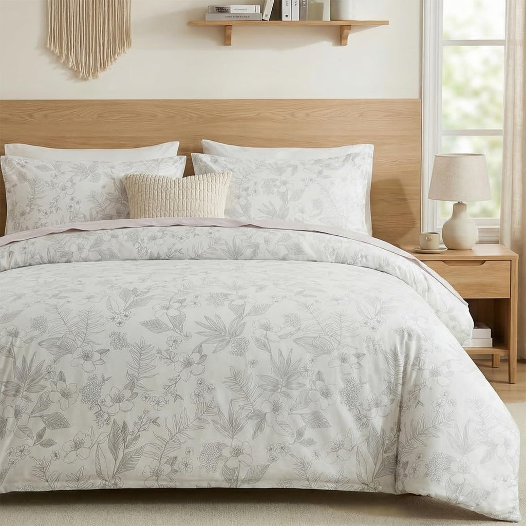 100% Natural Cotton Comforter Set Queen 3 Pcs Grayish Blue Bedding Sets with Luxurious Damask Pattern, Reversible Breathable Soft Comforter Sets for All Season