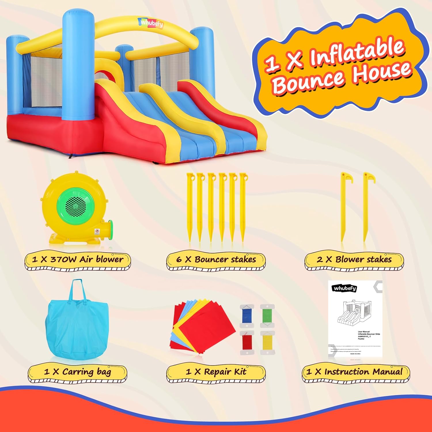 Whubefy Bounce House, Inflatable Bounce House for Kids 3-6 Big Kids 8-12, Indoor/Outdoor Double Slide Obstacle Bouncer with Blower, 12 x 9FT Jumping Castle with Center Hoop for Family Backyard