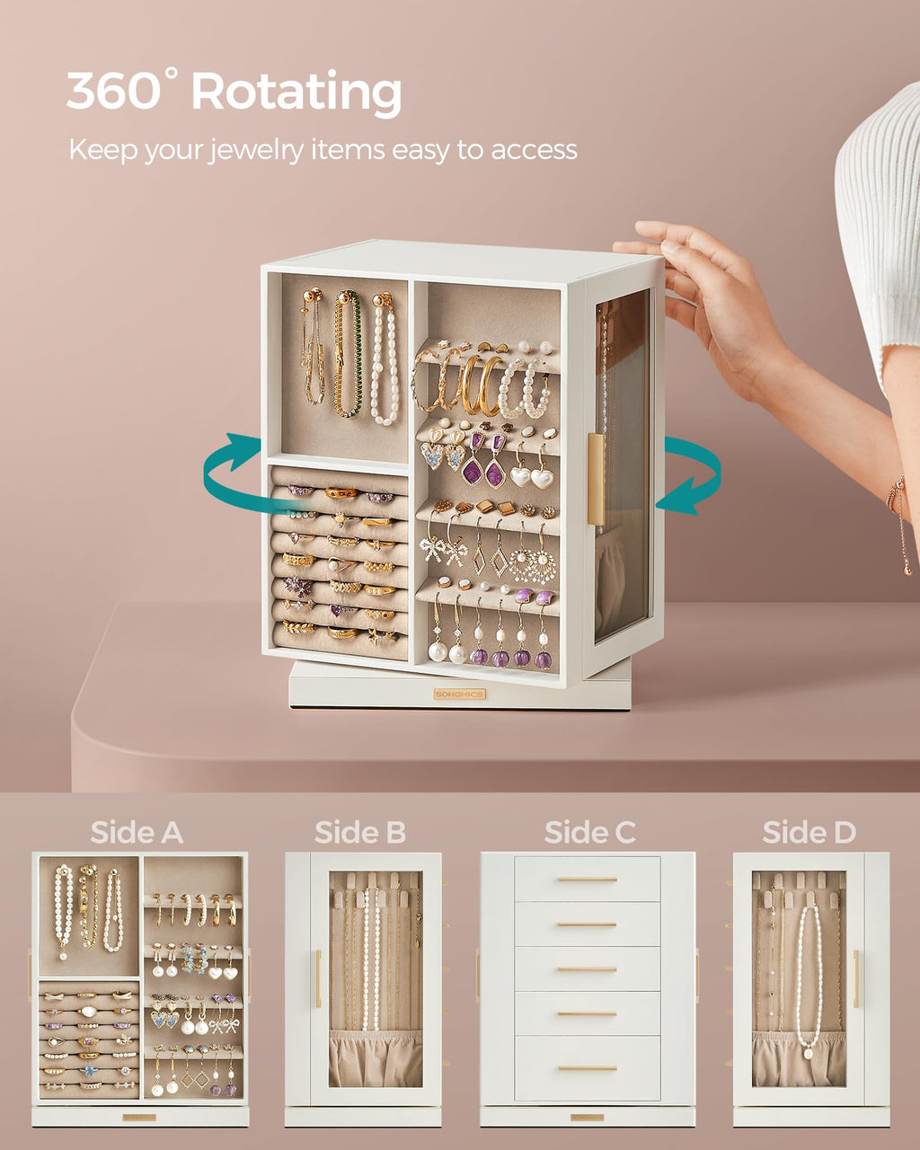 SONGMICS GISELLA Collection - Jewelry Box Organizer 360° Rotating, Vertical Jewelry Storage Case with 5 Drawers, Glass Window, Spacious, Open Design, Great Gift, Cloud White UJBC170W01