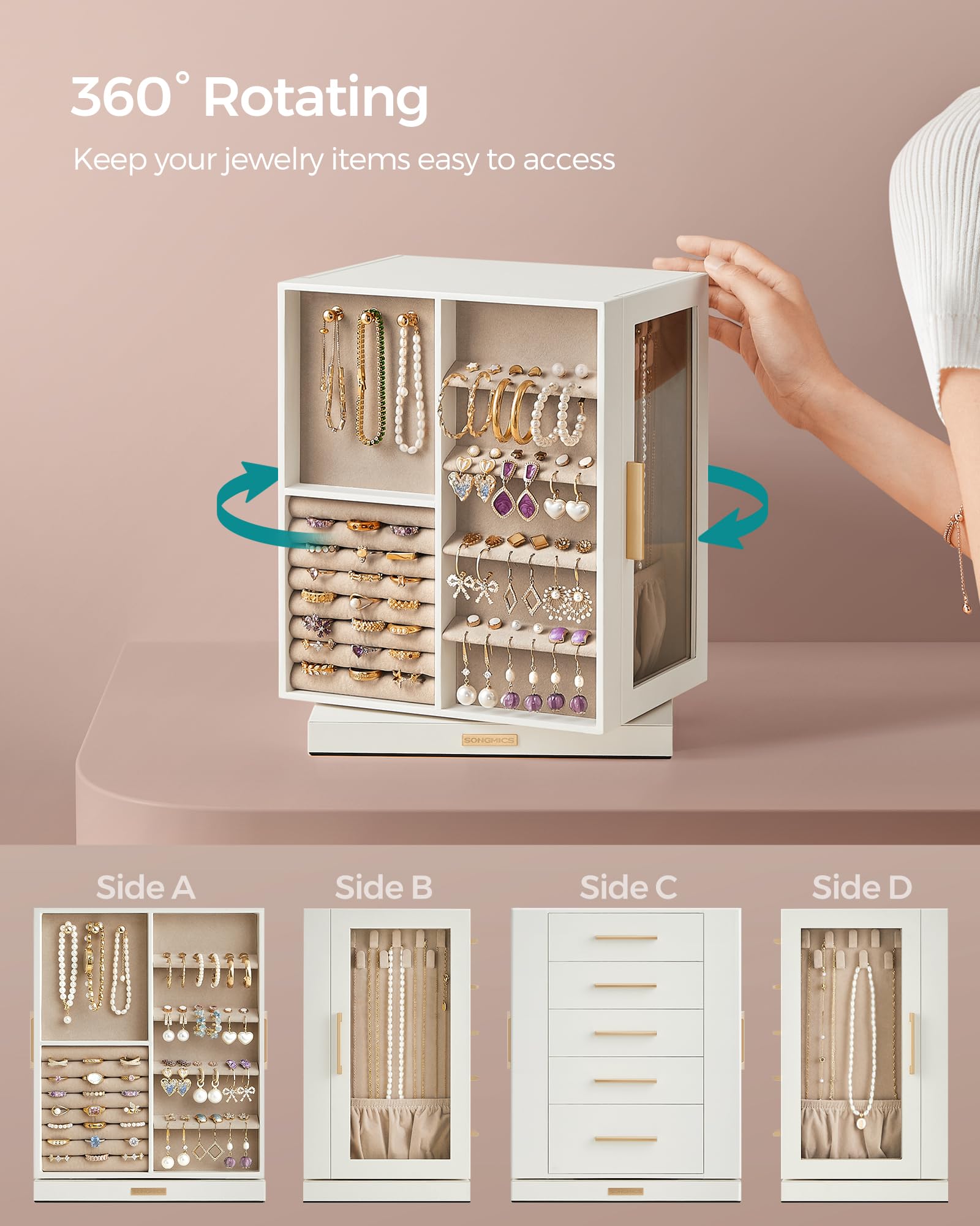 SONGMICS GISELLA Collection - Jewelry Box Organizer 360° Rotating, Vertical Jewelry Storage Case with 5 Drawers, Glass Window, Spacious, Open Design, Great Gift, Cloud White UJBC170W01