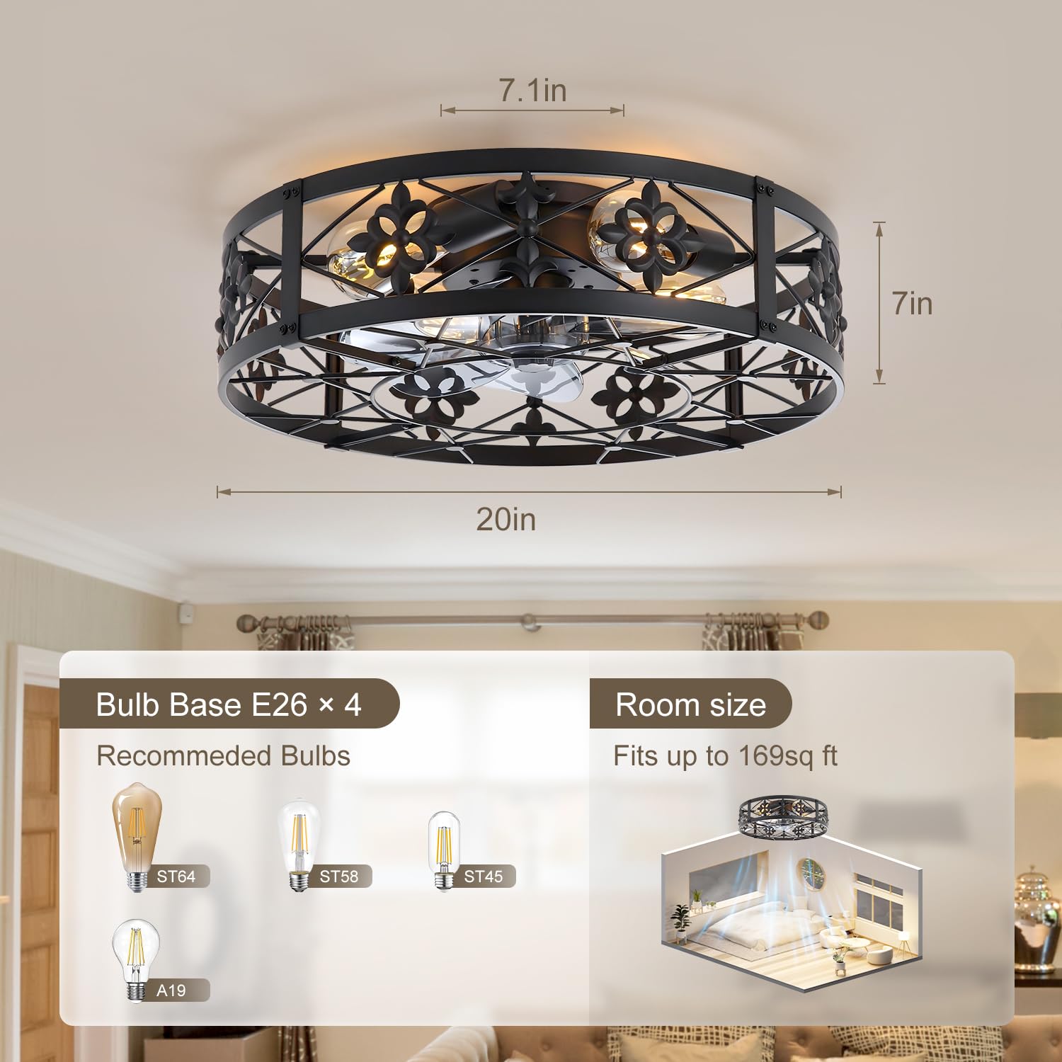 ZYD Caged Ceiling Fan with Light, 20" Ceiling Fan with Lights and Remote Flush Mount, Bladeless Caged Ceiling Fans with Lights, Matte Black Rustic Fan for Bedroom, Kitchen, Dining Room