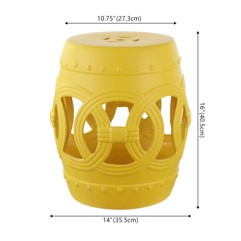 JONATHAN Y Lucky Coins 16" Ceramic Garden Stool, Contemporary Blue/White Cutout Interlocking Rings Drum Indoor/Outdoor Side Table and Plant Stand for Patio, Garden, Living Room TBL1027A