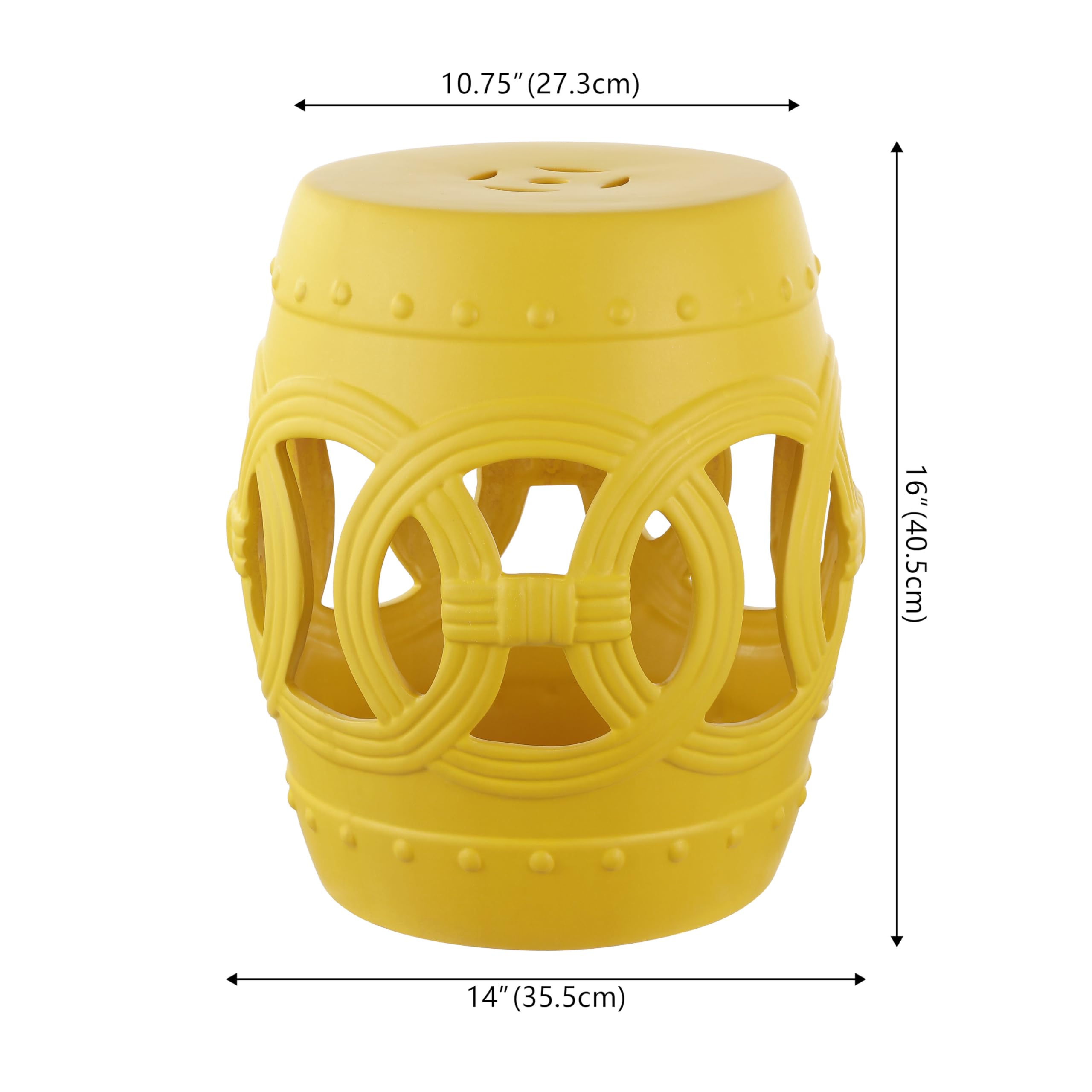 JONATHAN Y Lucky Coins 16" Ceramic Garden Stool, Contemporary Blue/White Cutout Interlocking Rings Drum Indoor/Outdoor Side Table and Plant Stand for Patio, Garden, Living Room TBL1027A