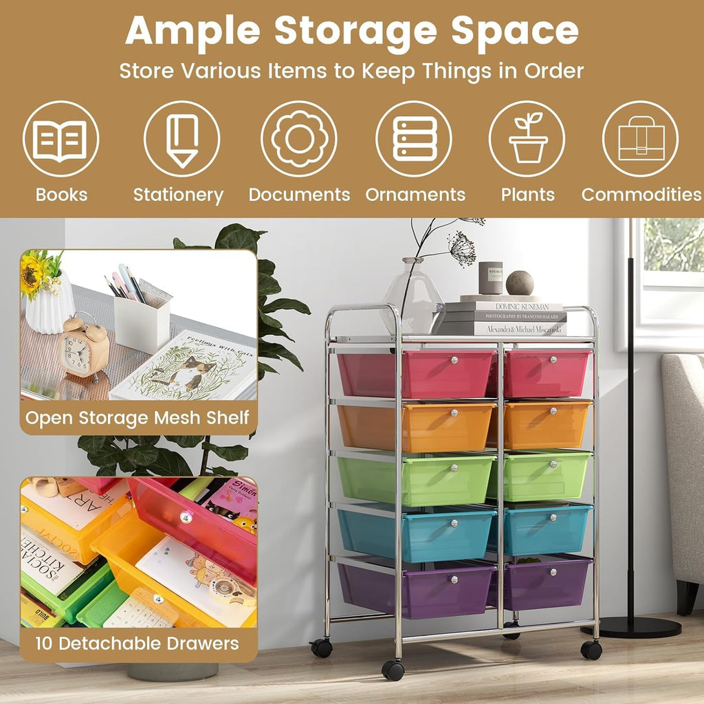 LDAILY 9 Drawer Rolling Storage Cart, Rolling Cart with Drawers for Classroom, Art Supply Craft Organizer on Wheel with Metal Frame & Handles for Home Office School