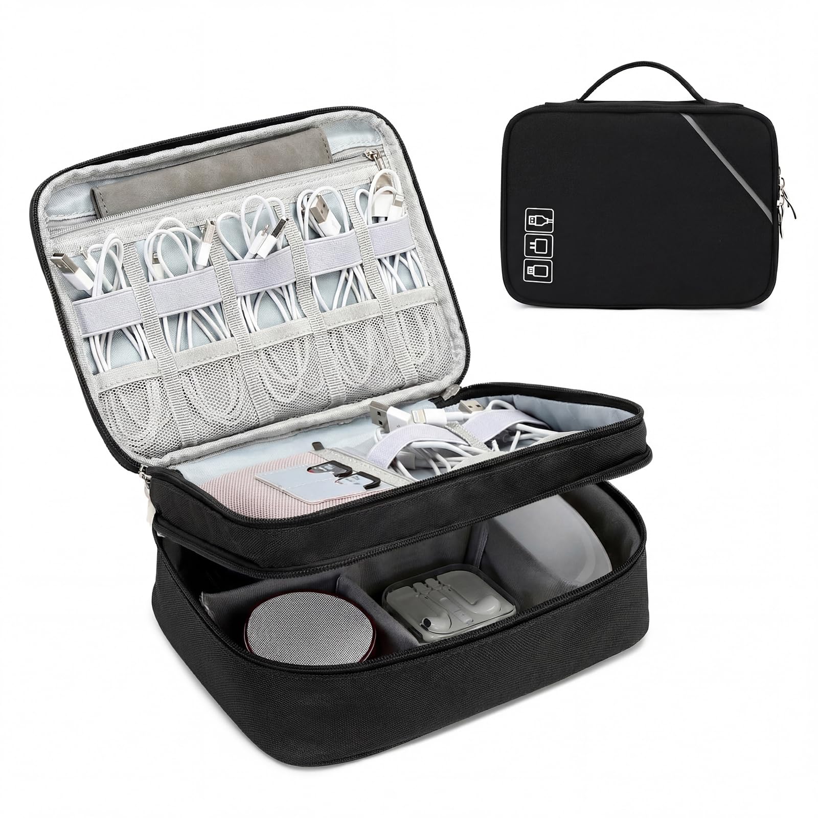 Lanola Electronic Organizer,Travel Cable Organizer Bag Pouch Electronic Accessories Carry Case Portable Double Layers Storage Bag for Cable,Cord,Charger,Phone,Earphone,Power Bank,Memory Cards - Black
