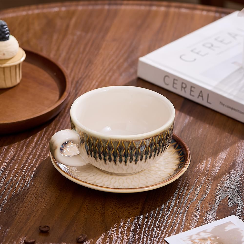 Coffeezone Vintage Design 12 oz Ceramic Latte Art Cappuccino Barista Cup with Saucer (Beige)