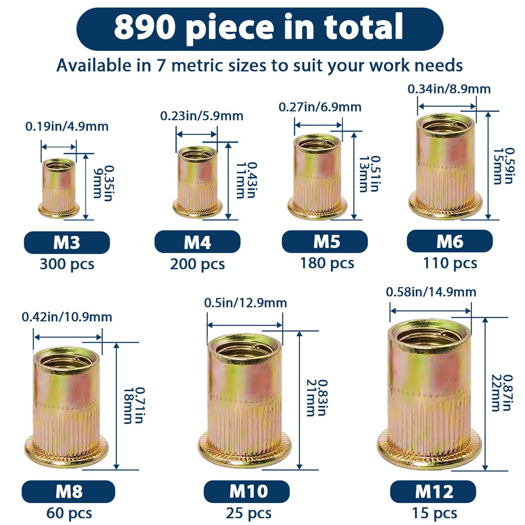 1/2''-13 UNC Rivet Nut, 10Pcs 304 Stainless Steel Flat Head Rivnut Threaded Insert Nutsert