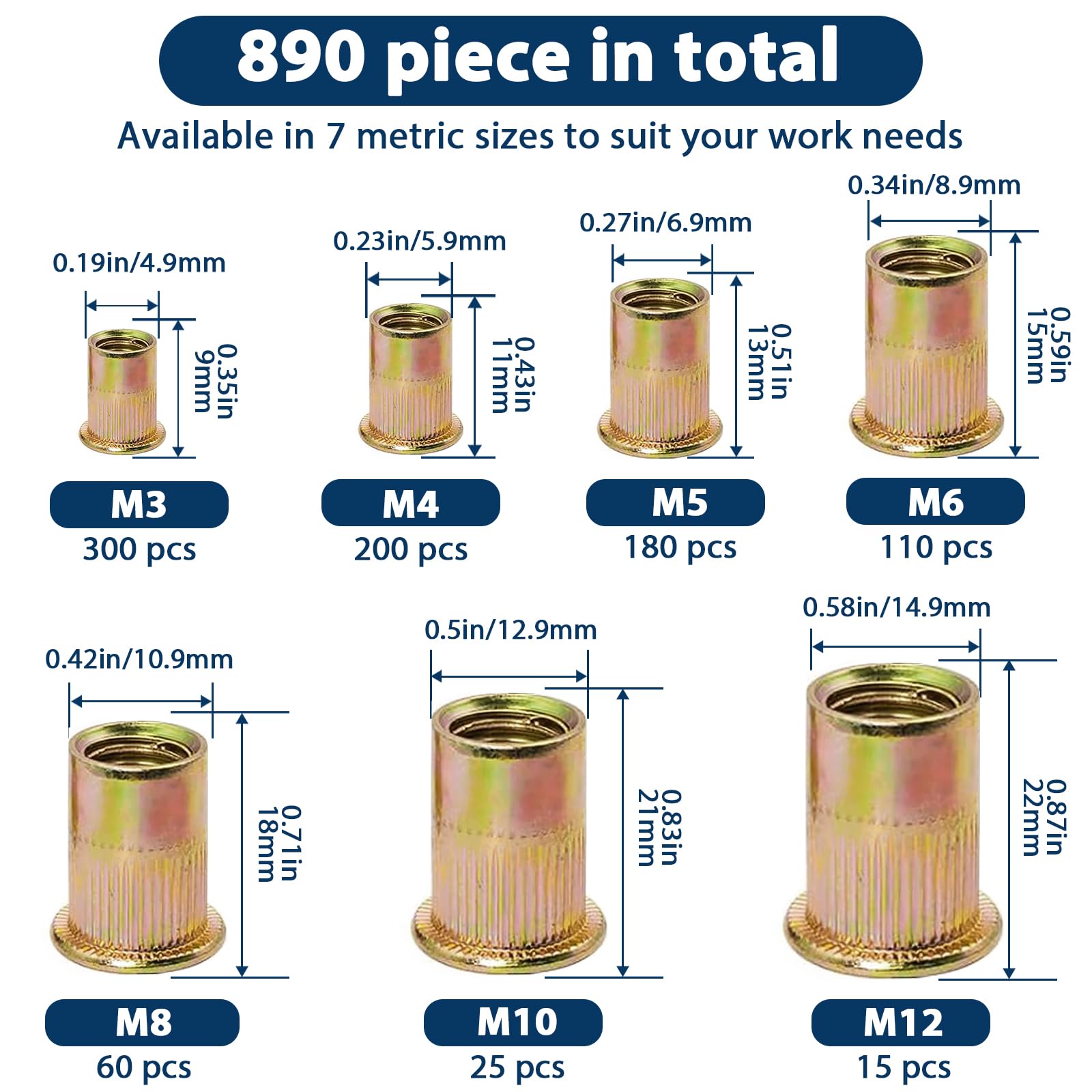 1/2''-13 UNC Rivet Nut, 10Pcs 304 Stainless Steel Flat Head Rivnut Threaded Insert Nutsert