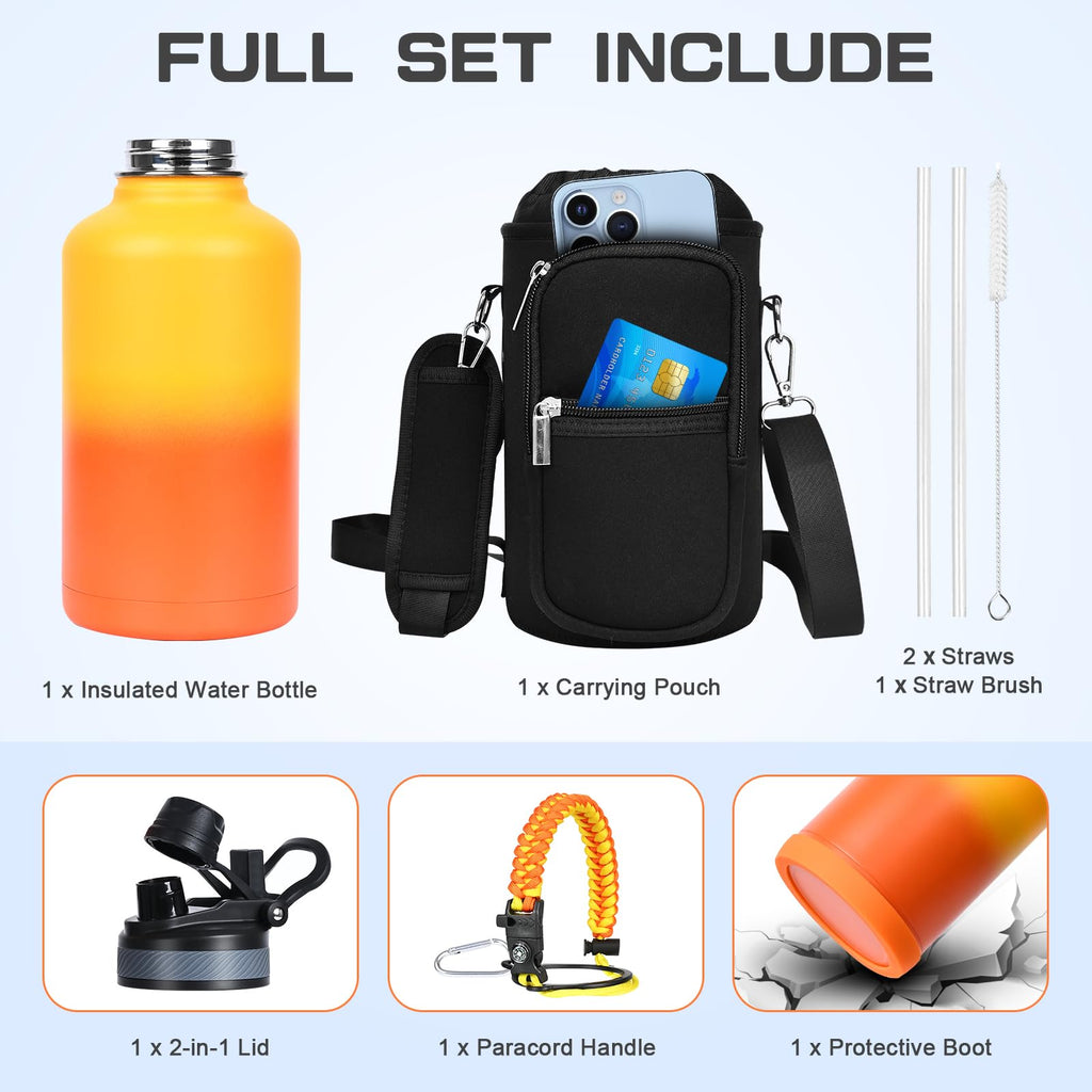 GAZLEMHO 40 oz Insulated Water Bottle with Straw& Spout 2-in-1 Lid, Triple Wall Vacuum Stainless Steel Cold 48H, Leak Proof Sports Metal Flask Jug with Paracord Handle, Black
