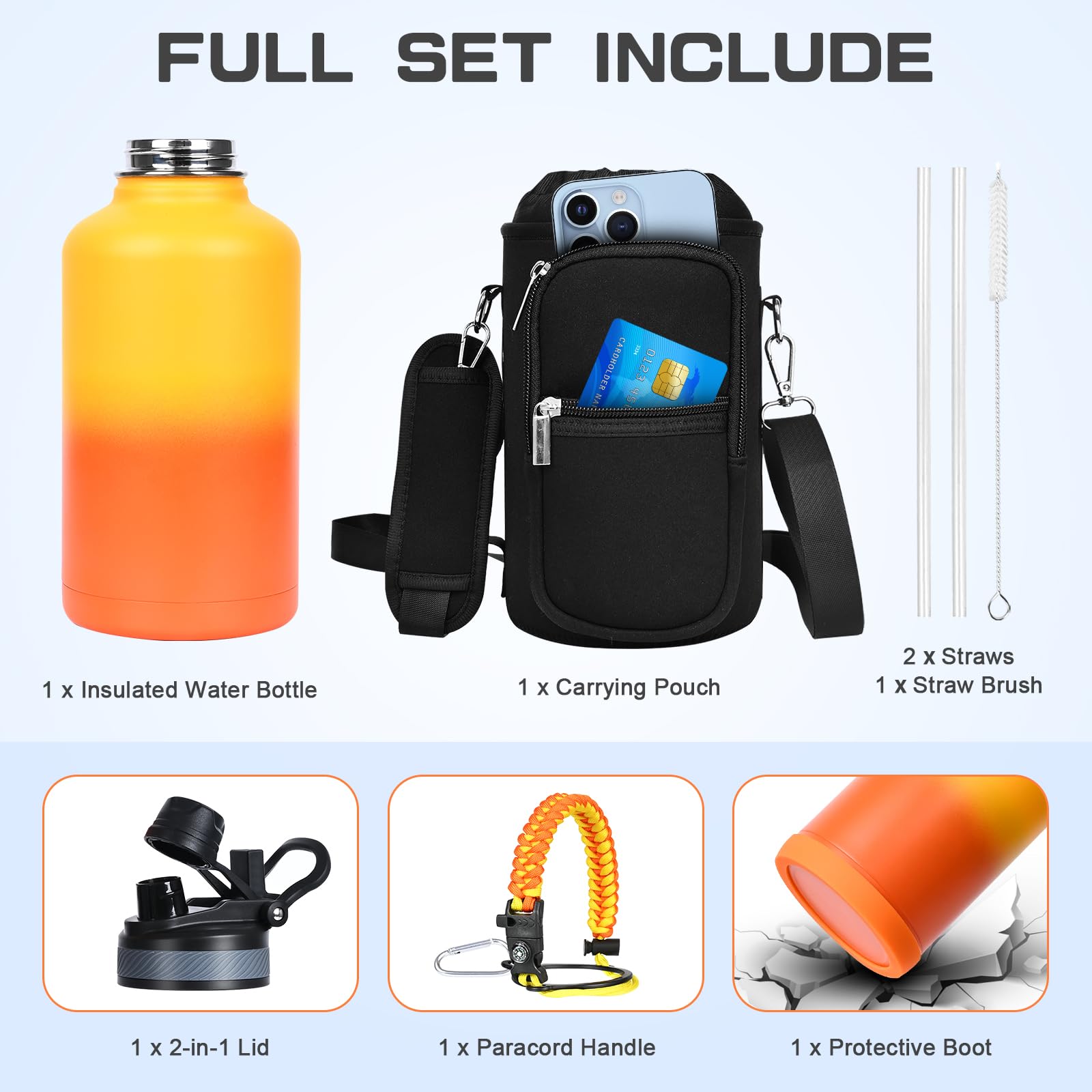GAZLEMHO 40 oz Insulated Water Bottle with Straw& Spout 2-in-1 Lid, Triple Wall Vacuum Stainless Steel Cold 48H, Leak Proof Sports Metal Flask Jug with Paracord Handle, Black