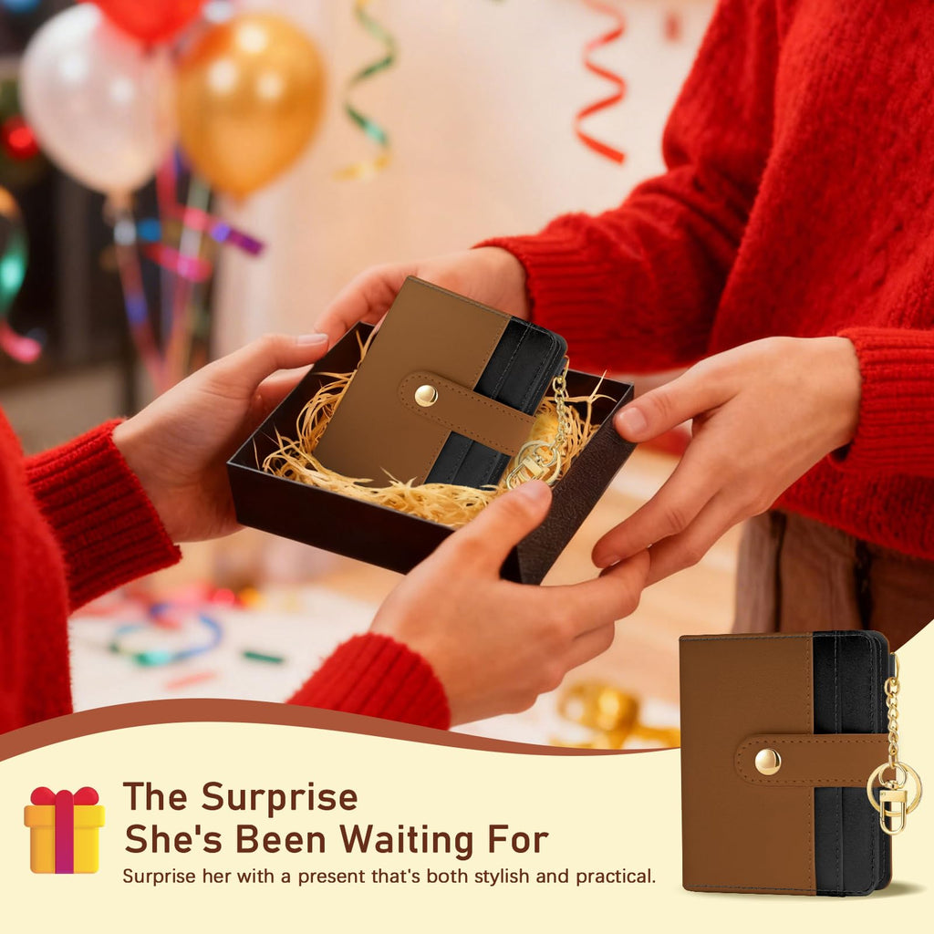 Jogjam Small Ladies Wallet, Rfid Slim Thin Compact Credit Card Women Wallet, PU Leather Bifold Cash Wallet, Zipper Coin Pocket & ID Window, Female Gifts Beige and Brown