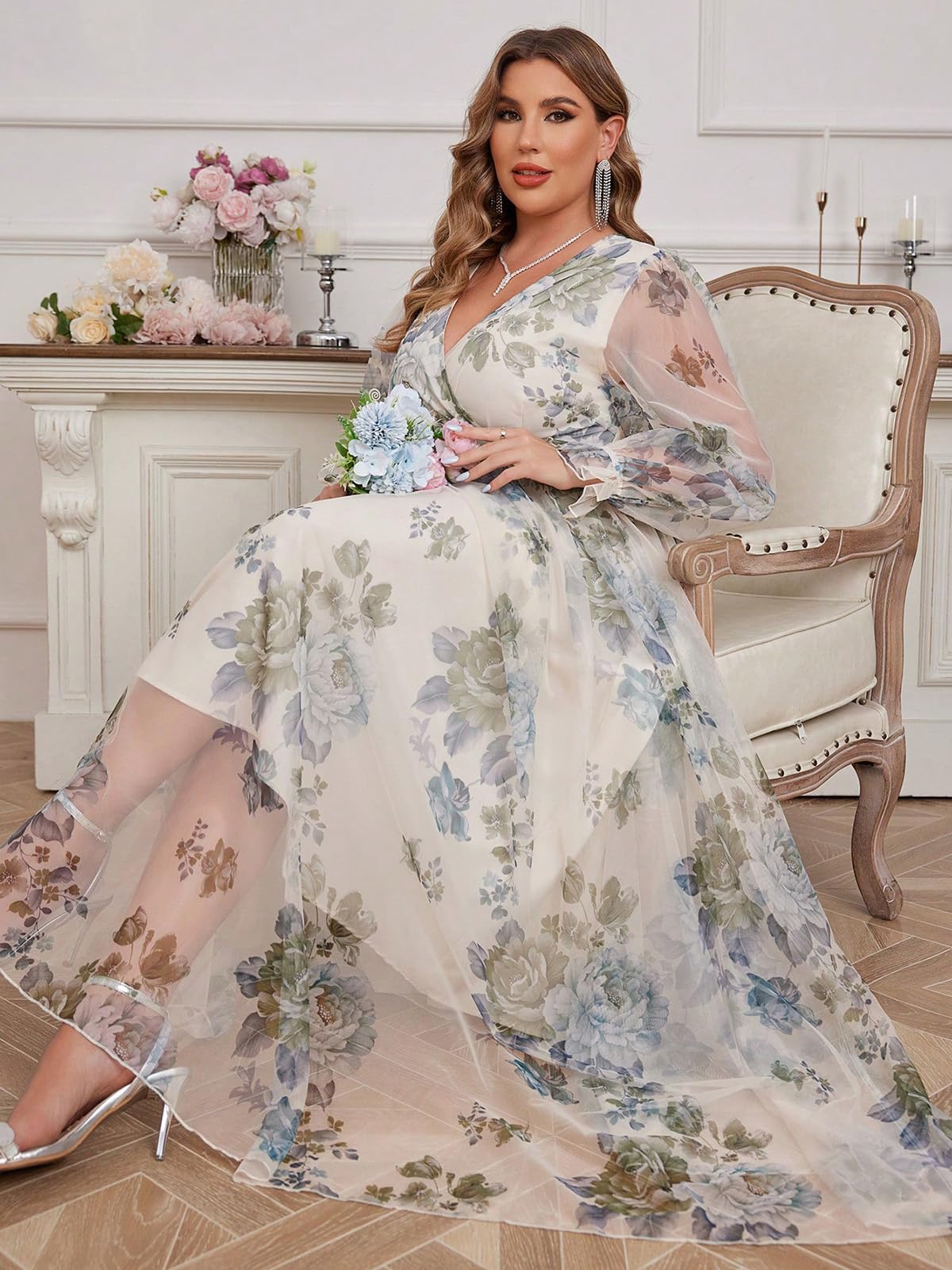 Spring Summer 2024 Plus Size Womens Dresses V Neck Casual Elegant Long Sleeve Floral Print Maxi Dress