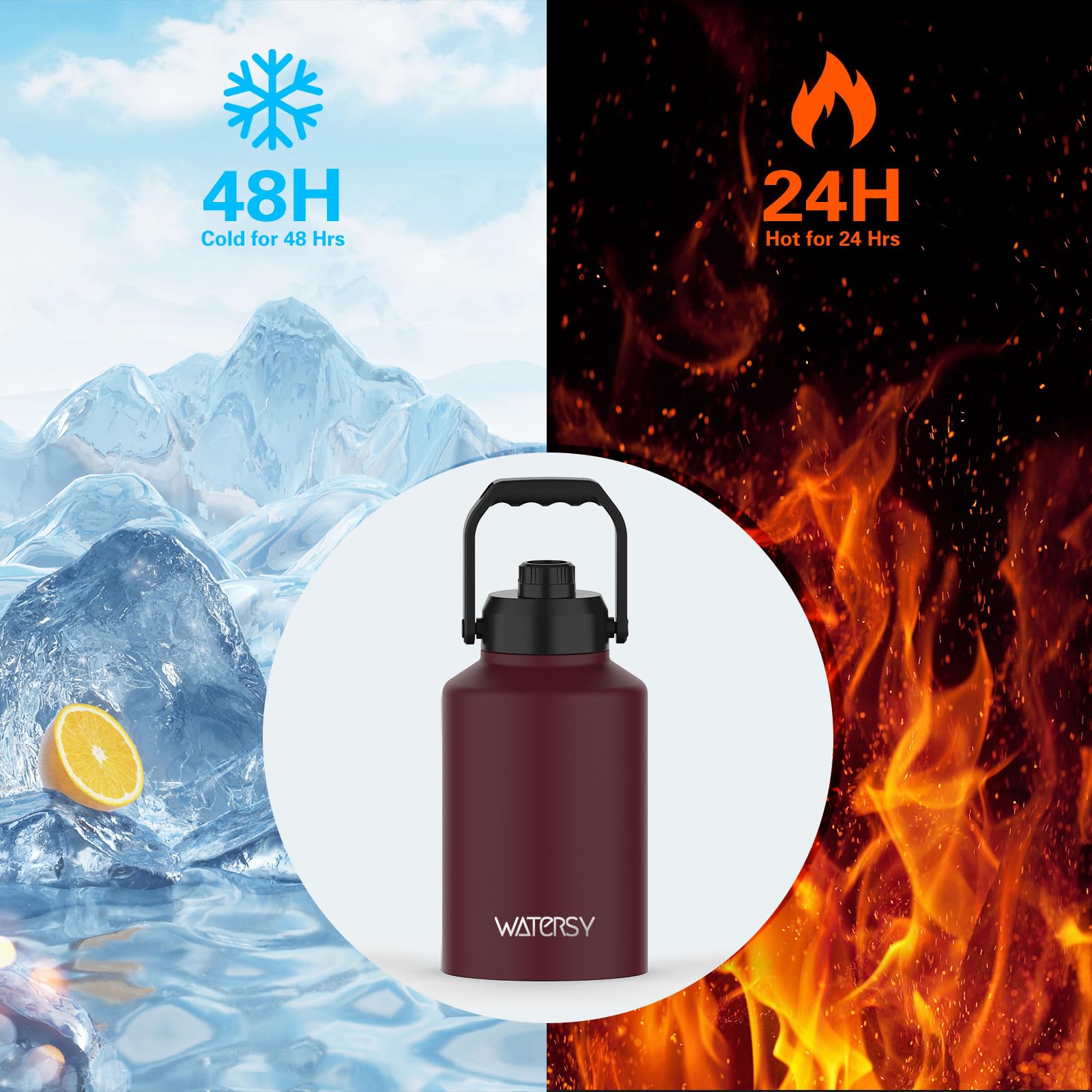 WATERSY Half Gallon Water Bottle Insulated(Cold for 48 Hrs),BPA Free&Leak Proof,64oz Stainless Steel Water Jug/Flask,Big thermo,Large Water Bottle with Handle for Gym,Hiking,Camping,Black