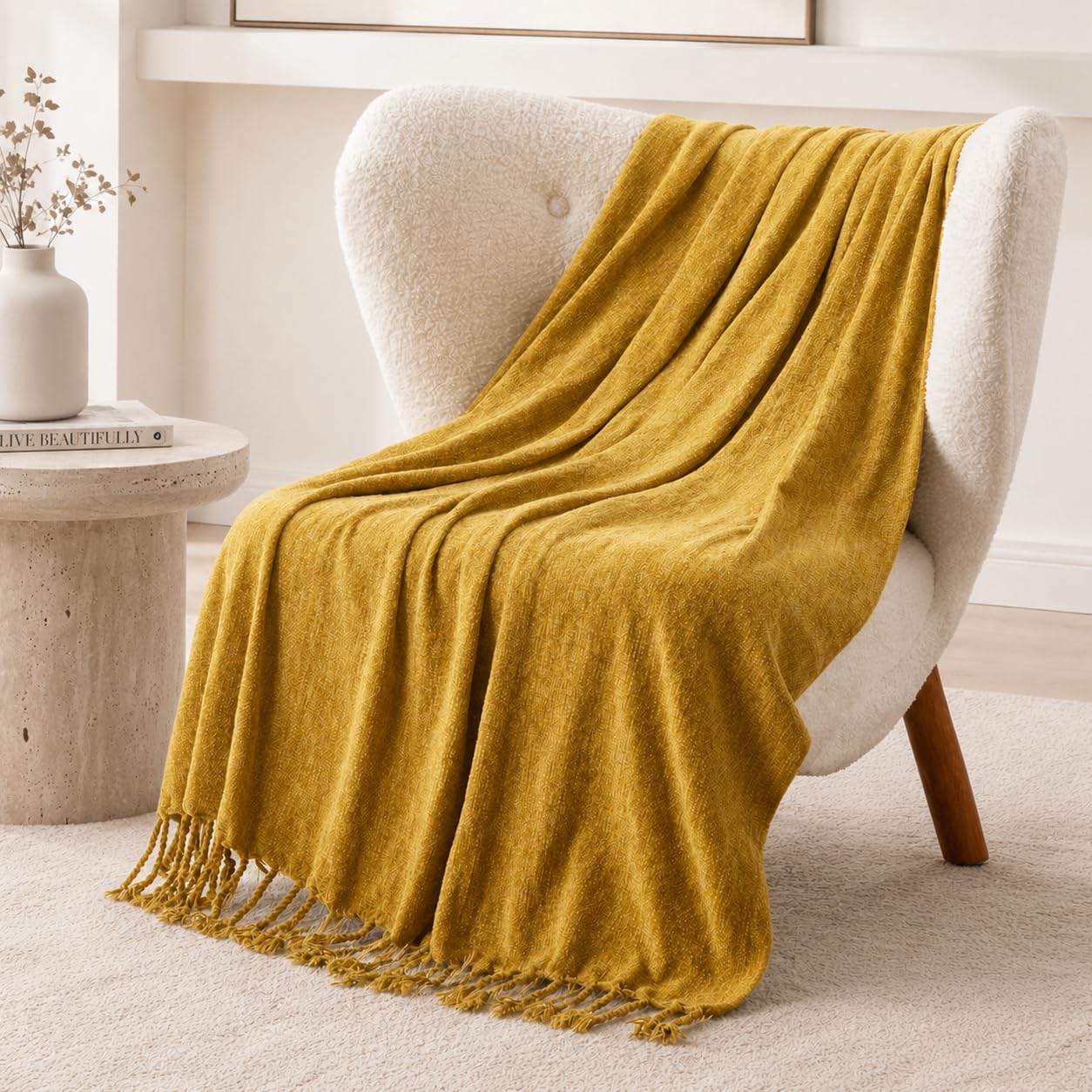 BATTILO HOME Beige Chenille Throw Blanket for Couch, Soft Cozy Textured Knit Throw Blanket with Handmade Fringe Tassels, Lightweight Decorative Farmhouse Blanket for Sofa Bed Chair, 50"x60"