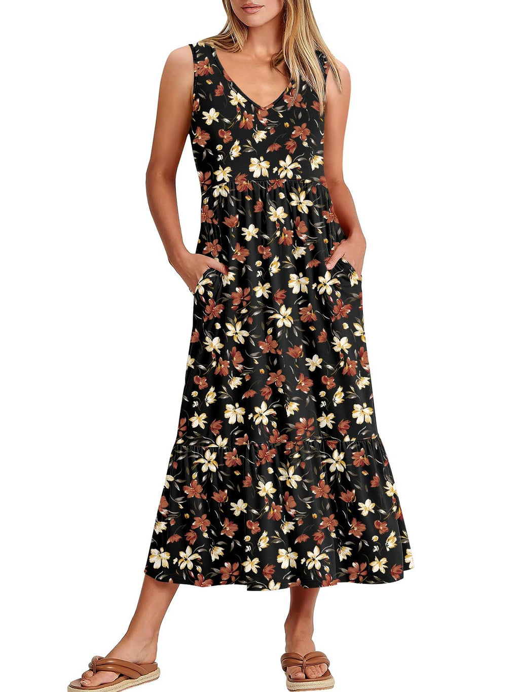 ANRABESS Women Summer Maxi Dresses A-line Tiered Flowy V Neck Sleeveless Swing 2026 Casual Beach Travel Sundress with Pockets