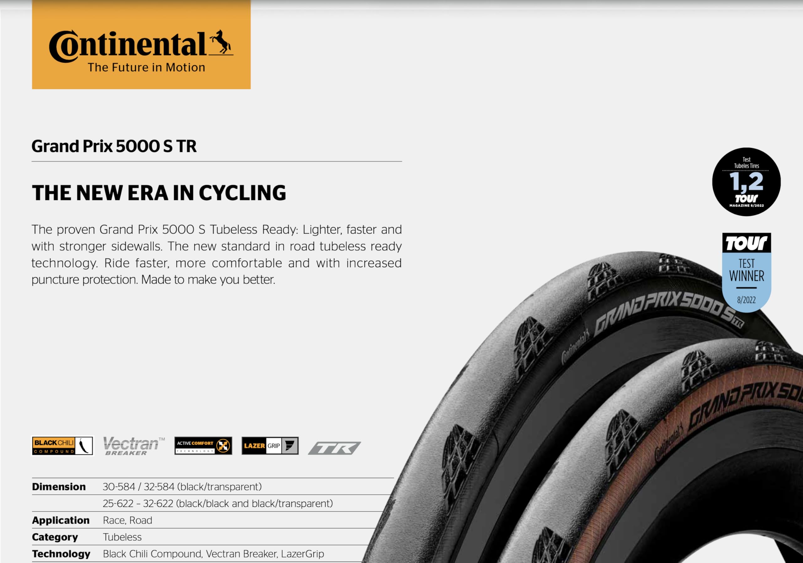 Continental Grand Prix 5000 S TR - Tubeless Road Bike Tire | Fast, Light, Durable - BlackChili, Vectran Breaker, LazerGrip, Active Comfort Technology