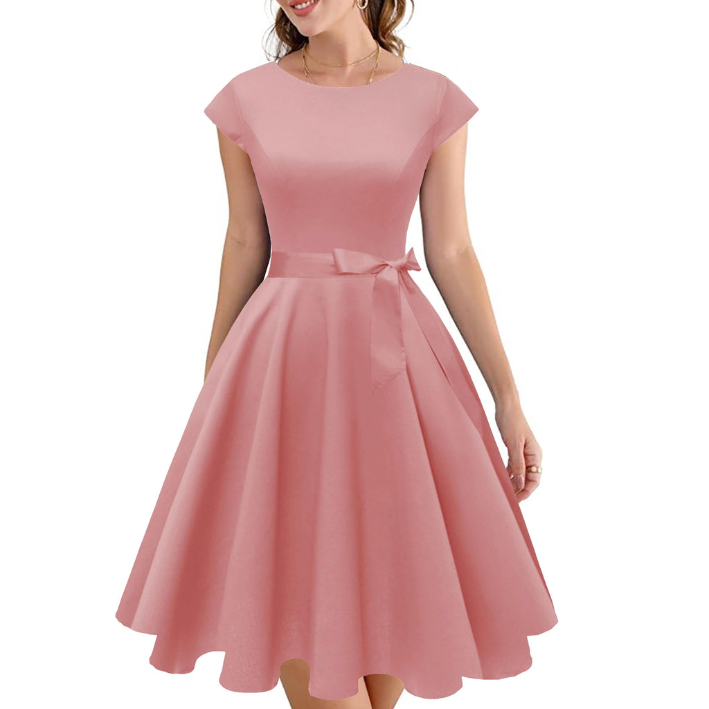 PUKAVT Women's 1950 Boatneck Cap Sleeve Vintage Swing Cocktail Party Dress with Pockets