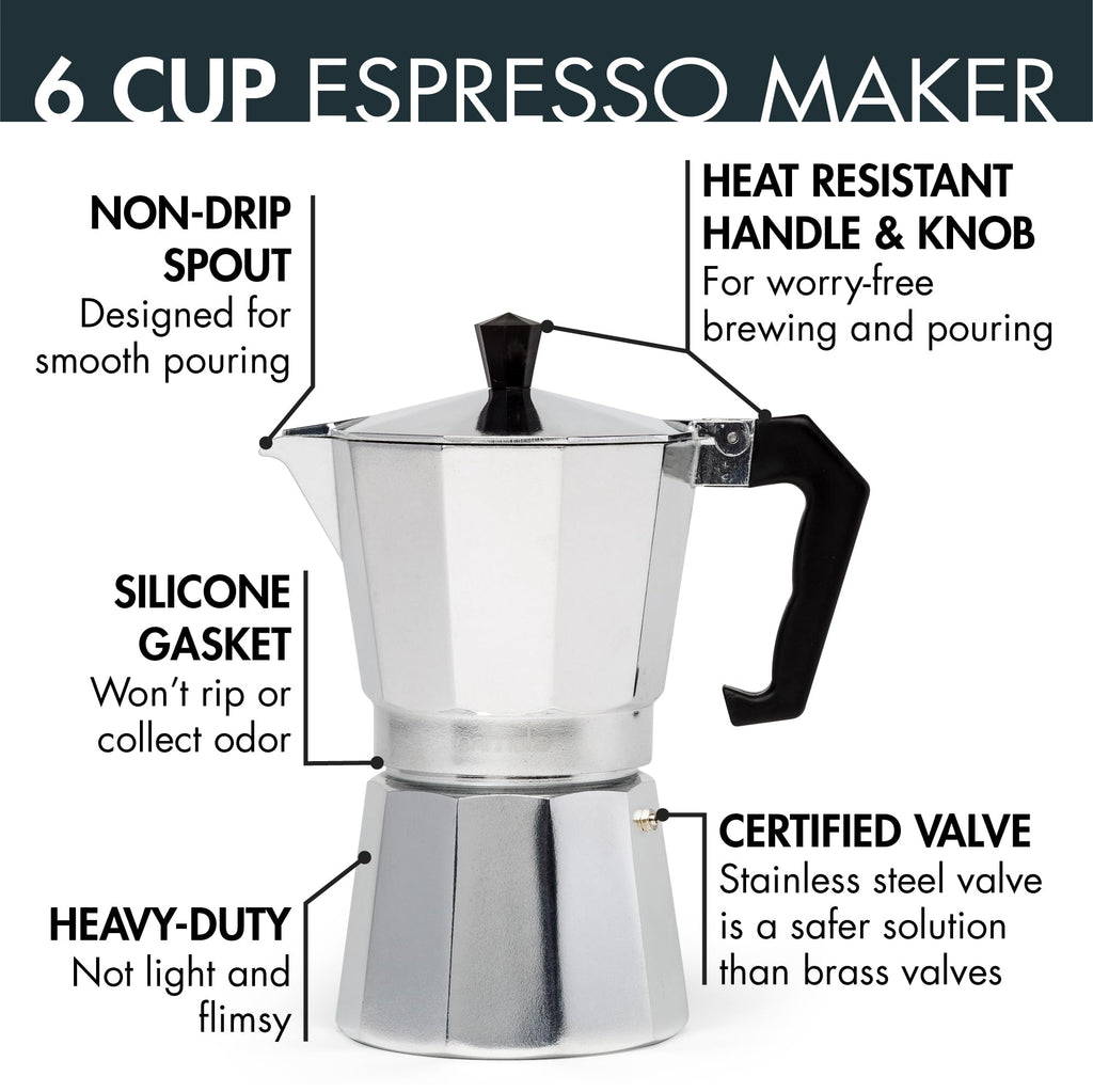 Primula Classic Moka Pot Stovetop Espresso and Coffee Maker, Italian and Cuban Cafetera for Rich Espresso Brewing, Durable Aluminum Greca Coffee Maker with Easy Grip Handle, 6-Cup, Black