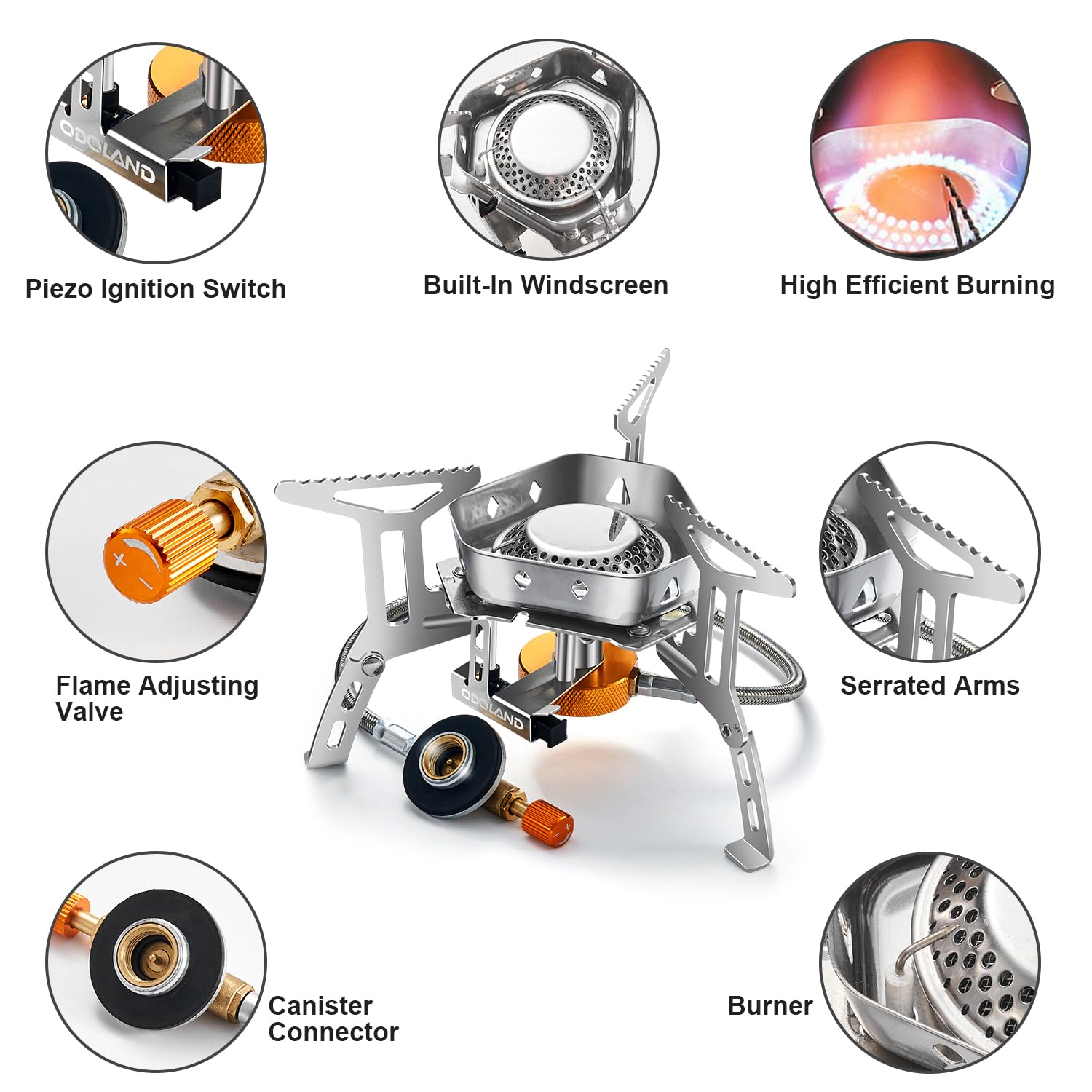 Odoland 3500W/6800W Windproof Camp Stove Camping Gas Stove with Fuel Canister Adapter, Piezo Ignition, Carry Case, Portable Collapsible Stove Burner for Outdoor Backpacking Hiking and Picnic