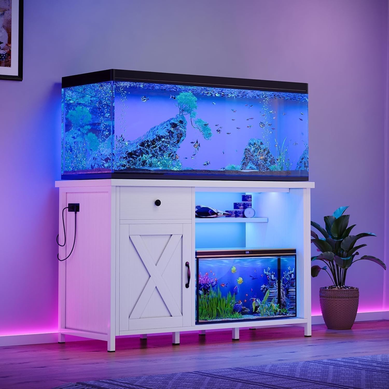 4ever2buy 55-75 Gallon Fish Tank Stand with Power Outlets, LED Light, Heavy Duty Aquarium Stand with Cabinet for Fish Tank Accessories Storage, for Turtle Tank, Reptile Terrarium, 1100LBS, Black