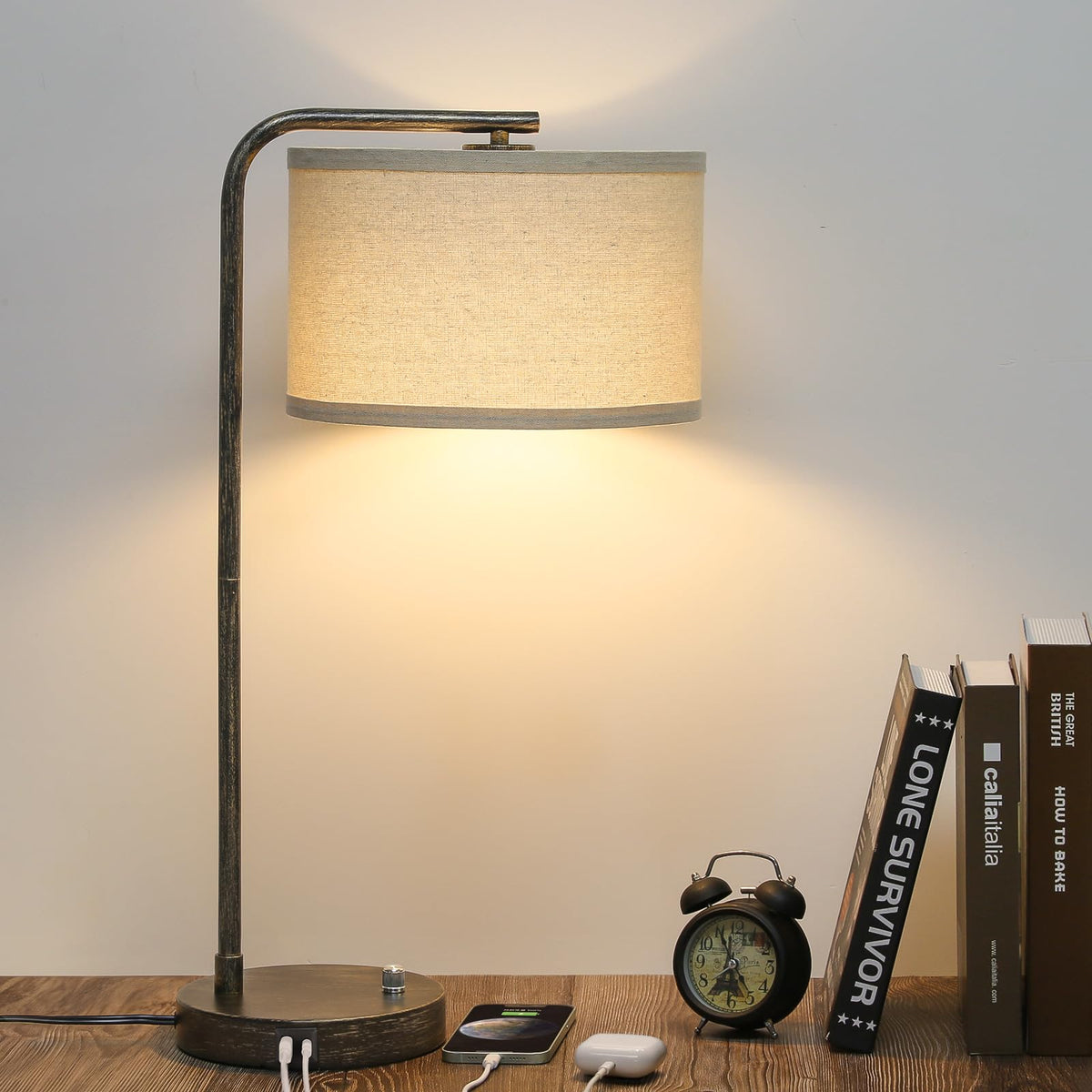 Table Lamps Set of 2, Fully Dimmable Bedside Lamp with USB C+A Charging Ports, Modern Nightstand Lamps with Linen Fabric Shades, Tall Desk Lamp for Bedroom, Living Room, Office, LED Bulb Included