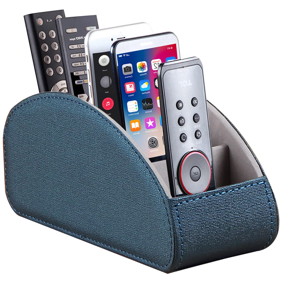 YAPISHI All-in-One Leather Brown TV Remote Holder with 5 Compartments Nightstand Desktop Media Player Remote Caddy Storage Box Organizer Tray for Mobile Office Phone Controller