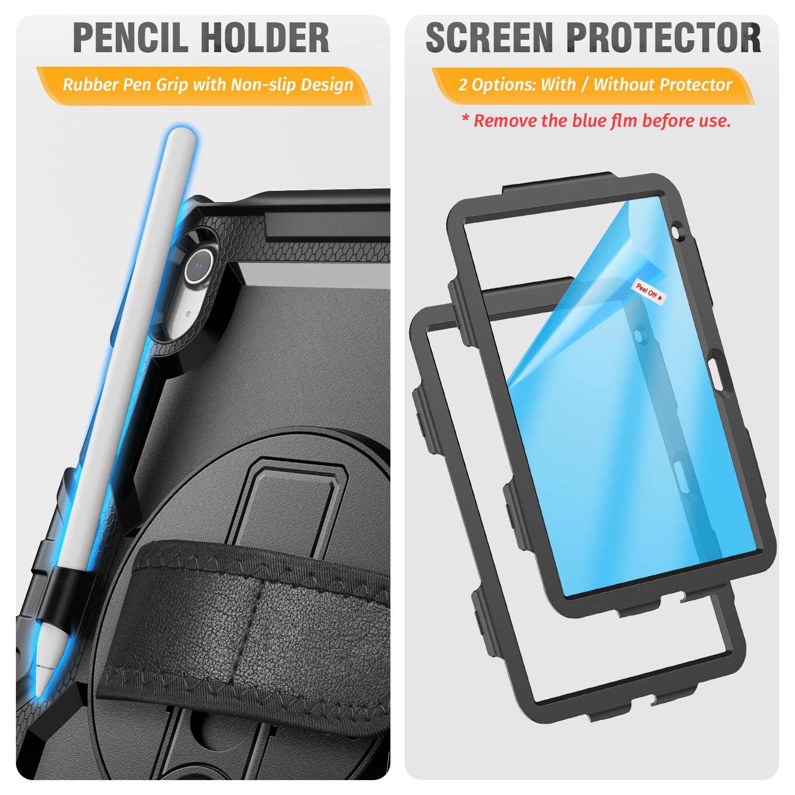 HXCASEAC Case for iPad 9th/8th/7th Generation 10.2 inch, with Pencil Holder, Screen Protector, Hand Strap, Heavy Duty Protective for iPad 9/8/7 Case 10.2-inch 2021/2020/2019, Orange