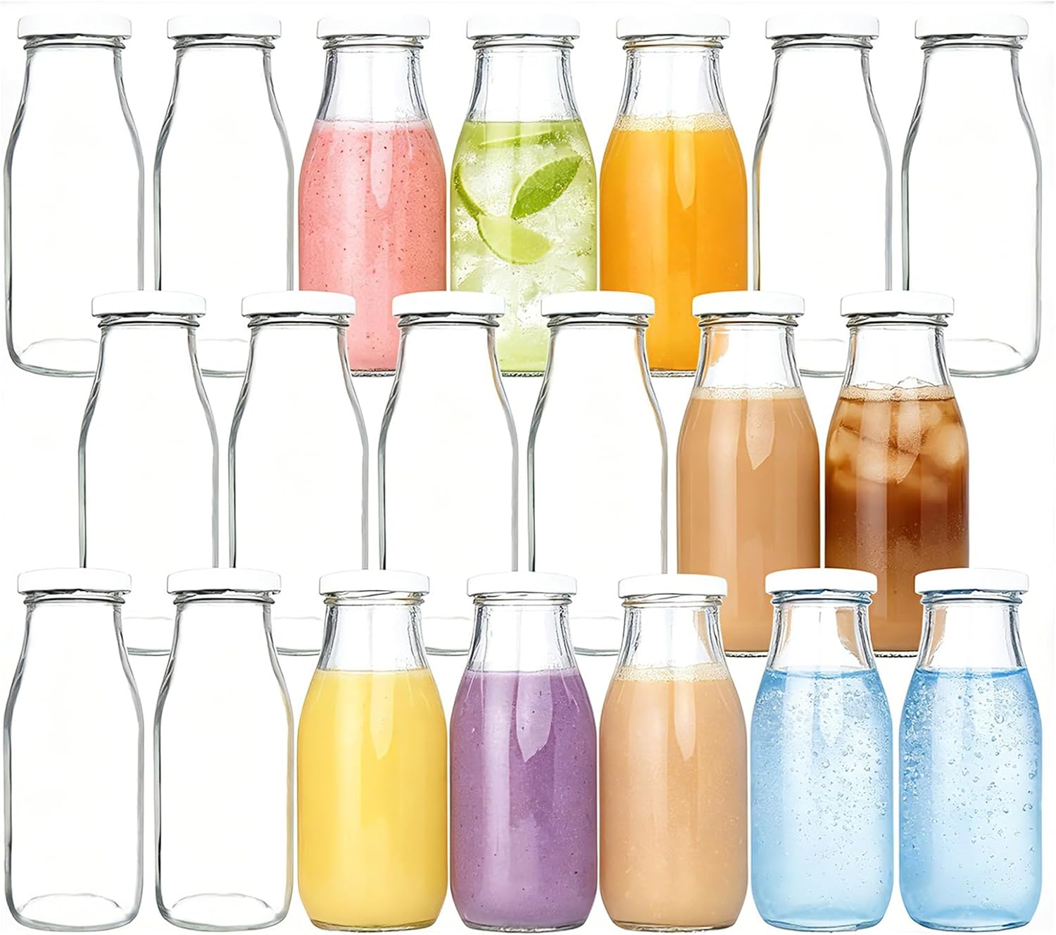 QAPPDA 12 oz Glass Bottles, Glass Milk Bottles with Lids, Vintage Breakfast Shake Container, Vintage Drinking Bottle with Chalkboard Labels and Pen for Party,Kids,Set of 20