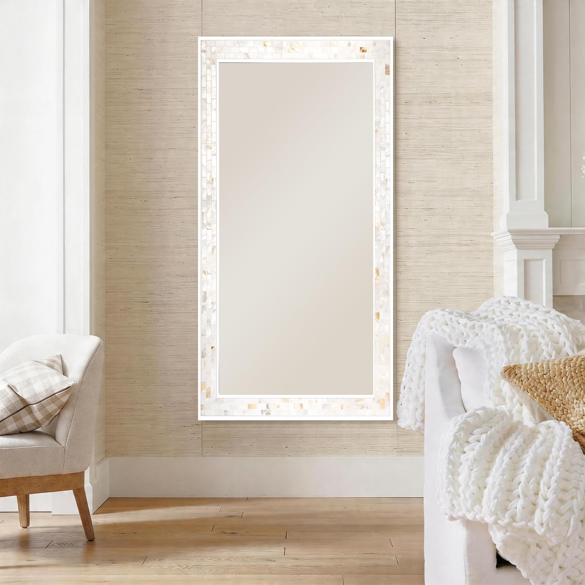 Tanmicoshomy Round Wall Mirror 24 Inch,Circle Mosaic Mirror with Natural Mother of Pearl and Wood Frame, Decorative Coastal Round Wall Mirror for Bathroom Bedroom Living Room Entryway