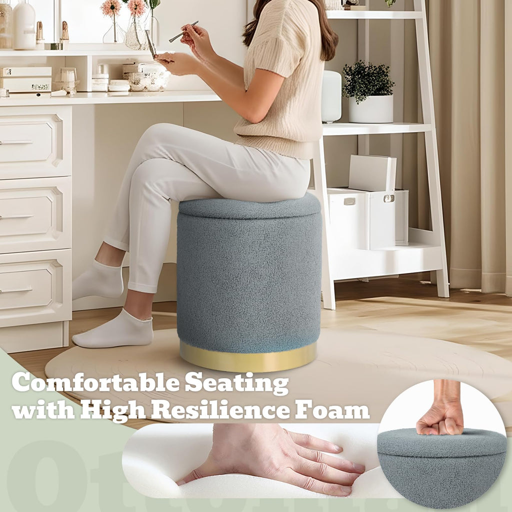 Joveco Boucle Round Ottoman with Storage,Vanity Stool with Storage for Bedroom, Ottoman Coffee Table,Small Boucle Foot Stool for Living Room, Black with Gold Plating
