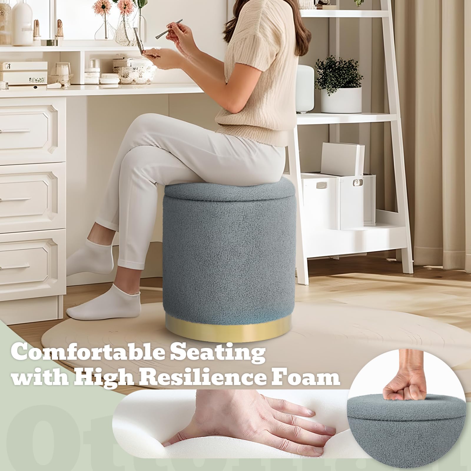 Joveco Boucle Round Ottoman with Storage,Vanity Stool with Storage for Bedroom, Ottoman Coffee Table,Small Boucle Foot Stool for Living Room, Black with Gold Plating