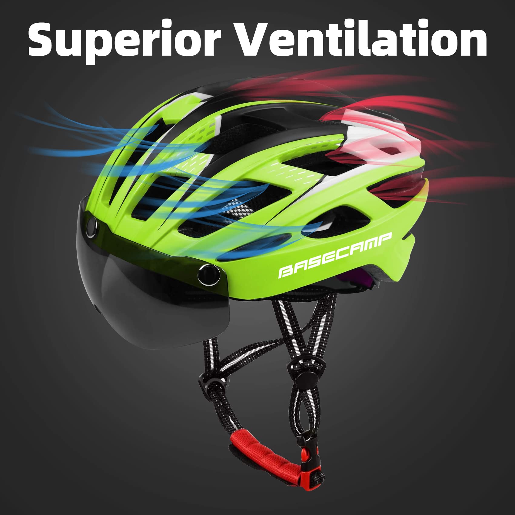 Bike Helmet, Basecamp Bicycle Helmet with Rear Light & Detachable Magnetic Goggles Lightweight Cycling Helmet Adjustable for Adult Men Women Mountain & Road (BC-069)