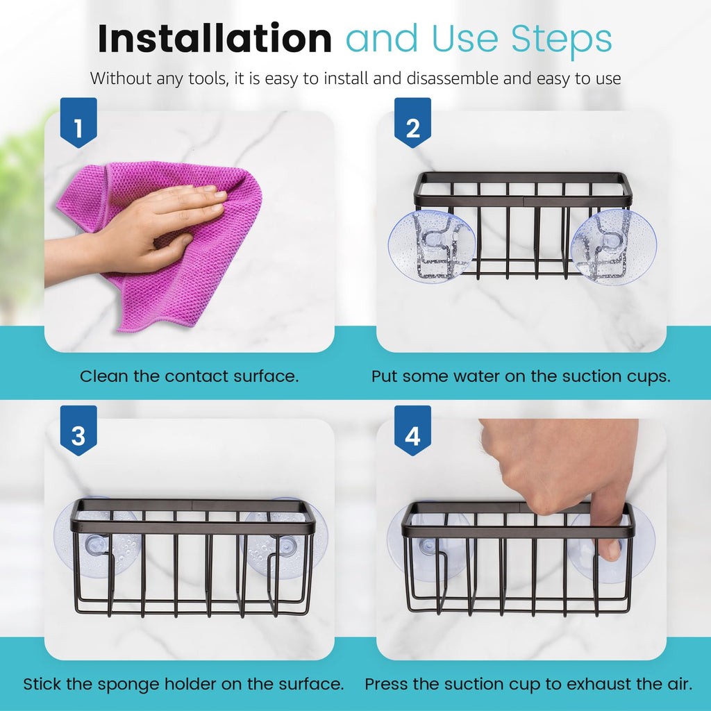 HLOOL Kitchen Sink Sponge Holder, Kitchen Sink Caddy, Sponge Holder for Kitchen Sink Suction, Dish Soap Holder (Black)