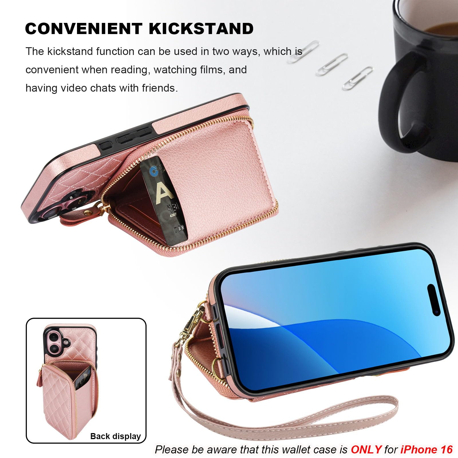 Bocasal Crossbody Wallet Case for iPhone 16, RFID Blocking PU Leather Zipper Handbag Purse Flip Cover, Kickstand Folio Case with Card Slots Holder Wrist Strap Lanyard 5G 6.1 Inch (Black)