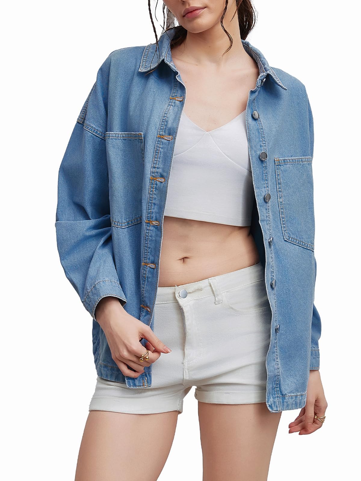 LifeShe Women Denim Shirt Jean Jacket Oversize Button Down Shirt Long Sleeve Jean Tops Trendy Shackets